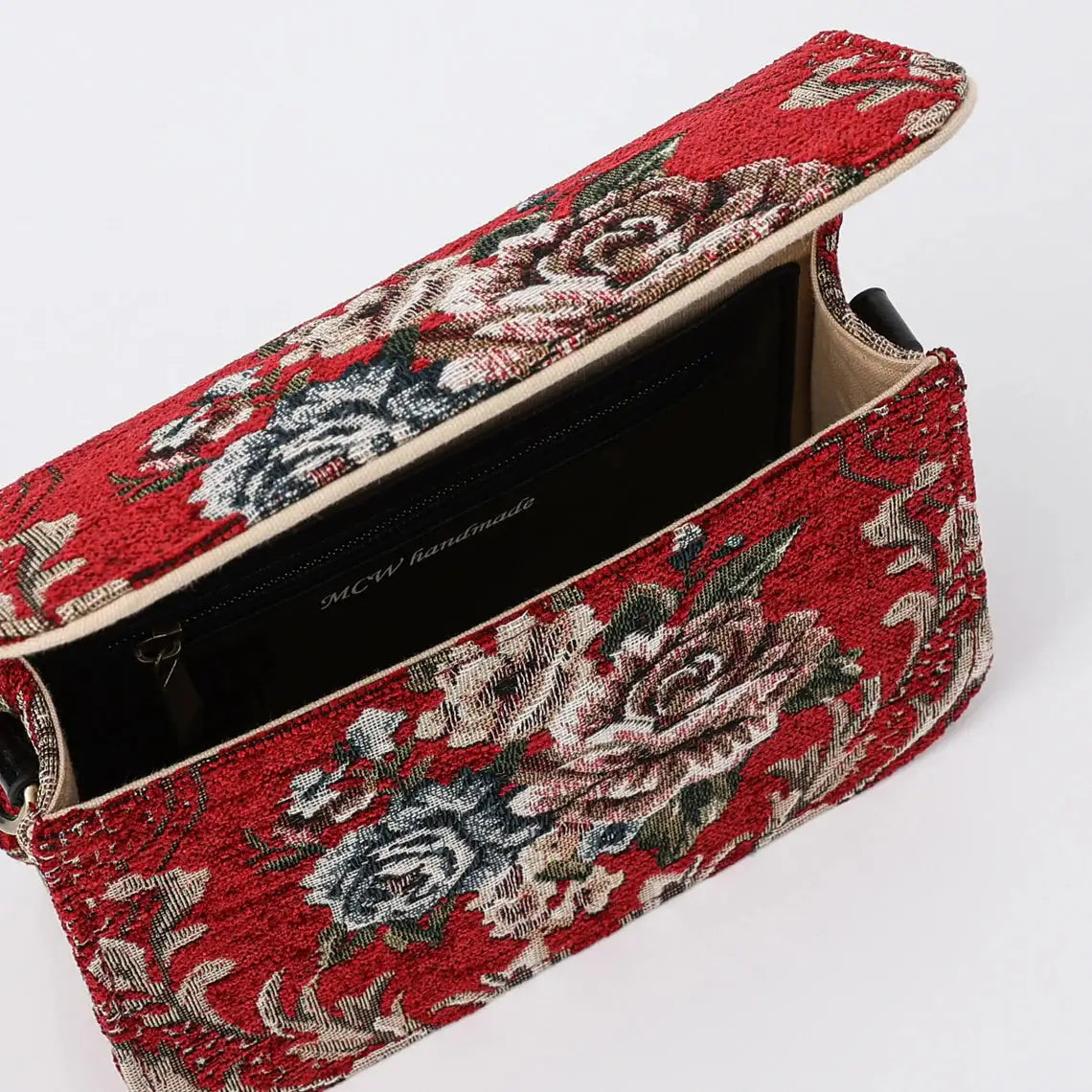 Floral Red Flap Crossbody Bag carpet bag of America opening