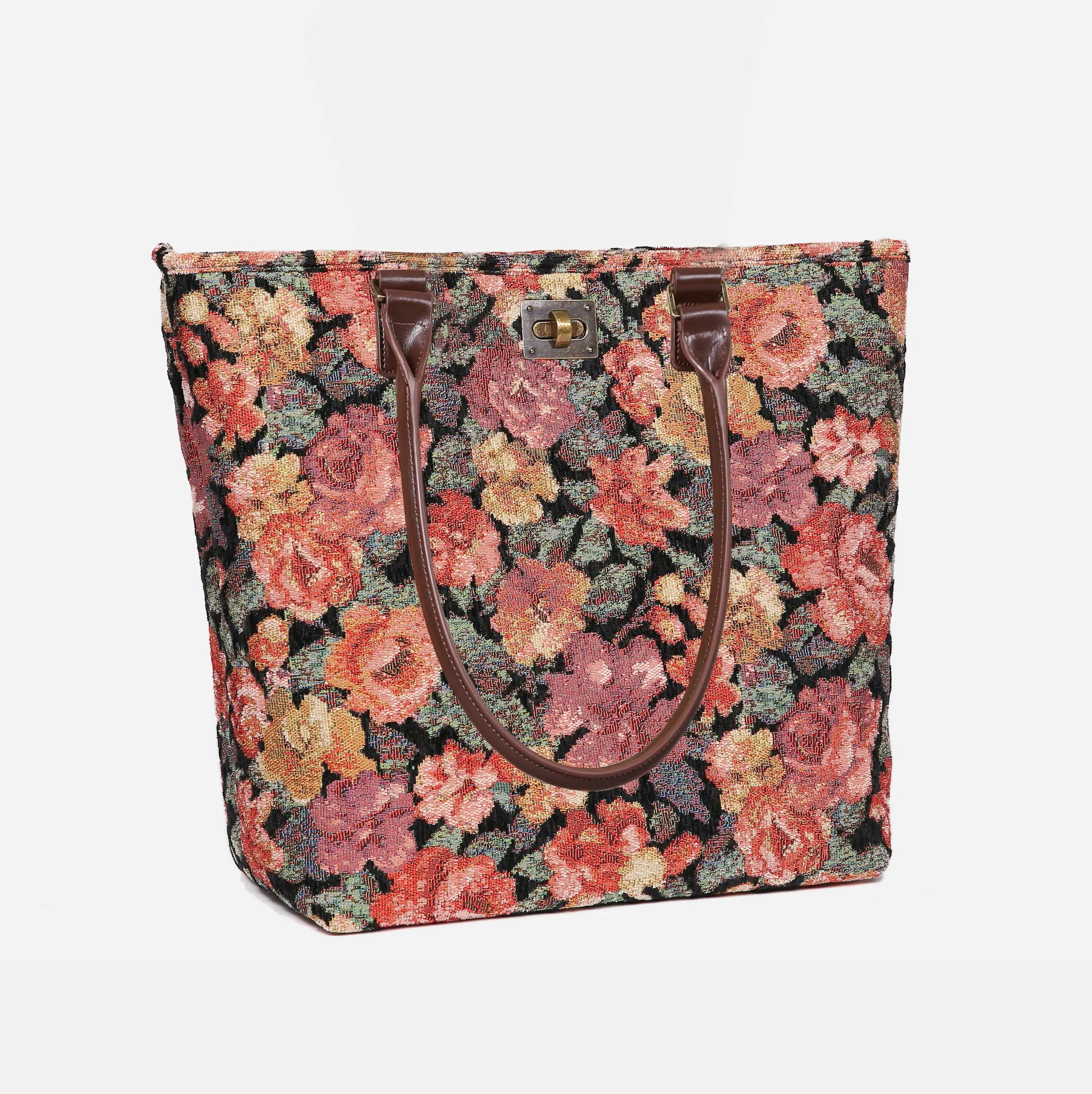 Floral Rose Carpet Tote Shopper Carpetbag of America handle down