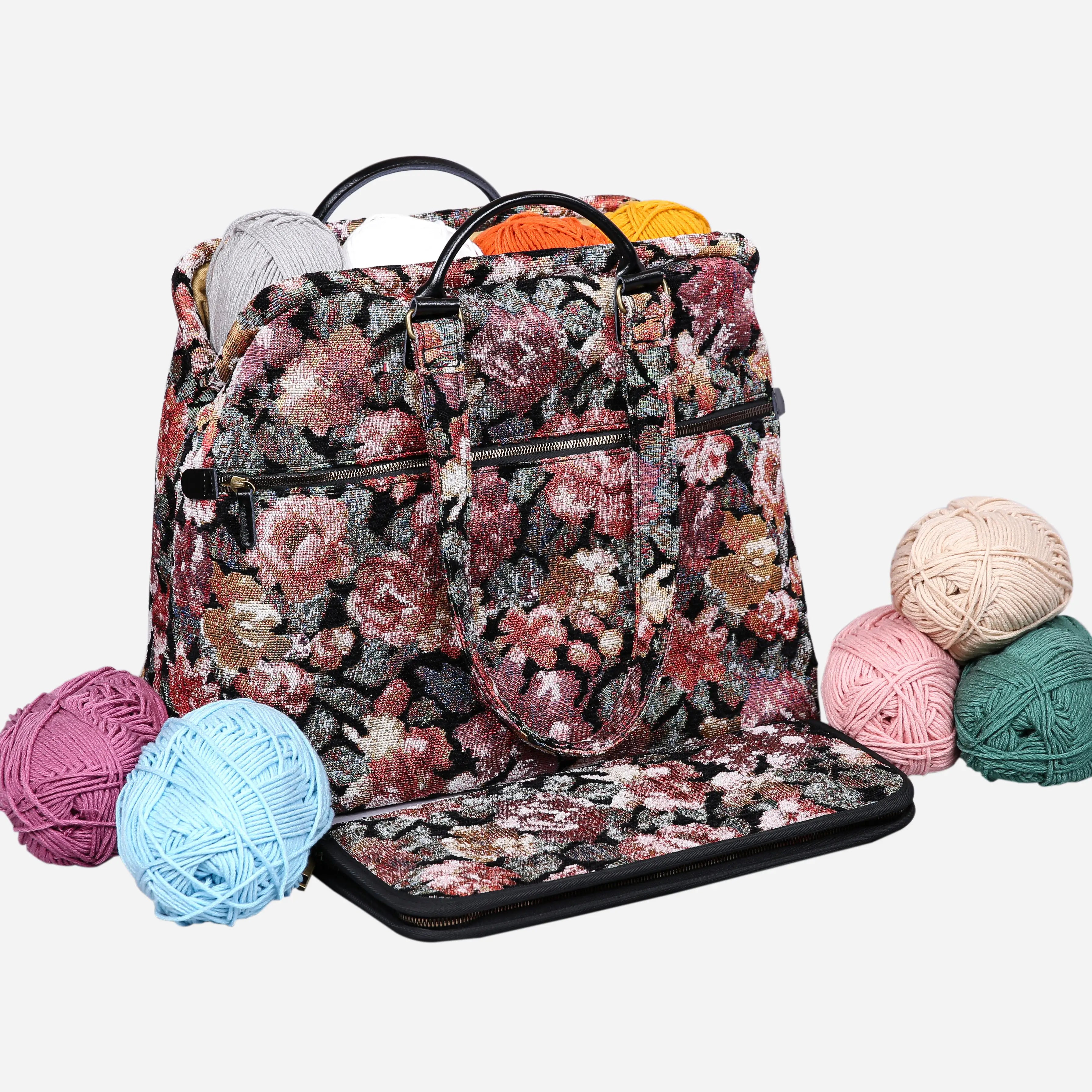 Floral Rose Knitting Project Bag of America-with yarn ball