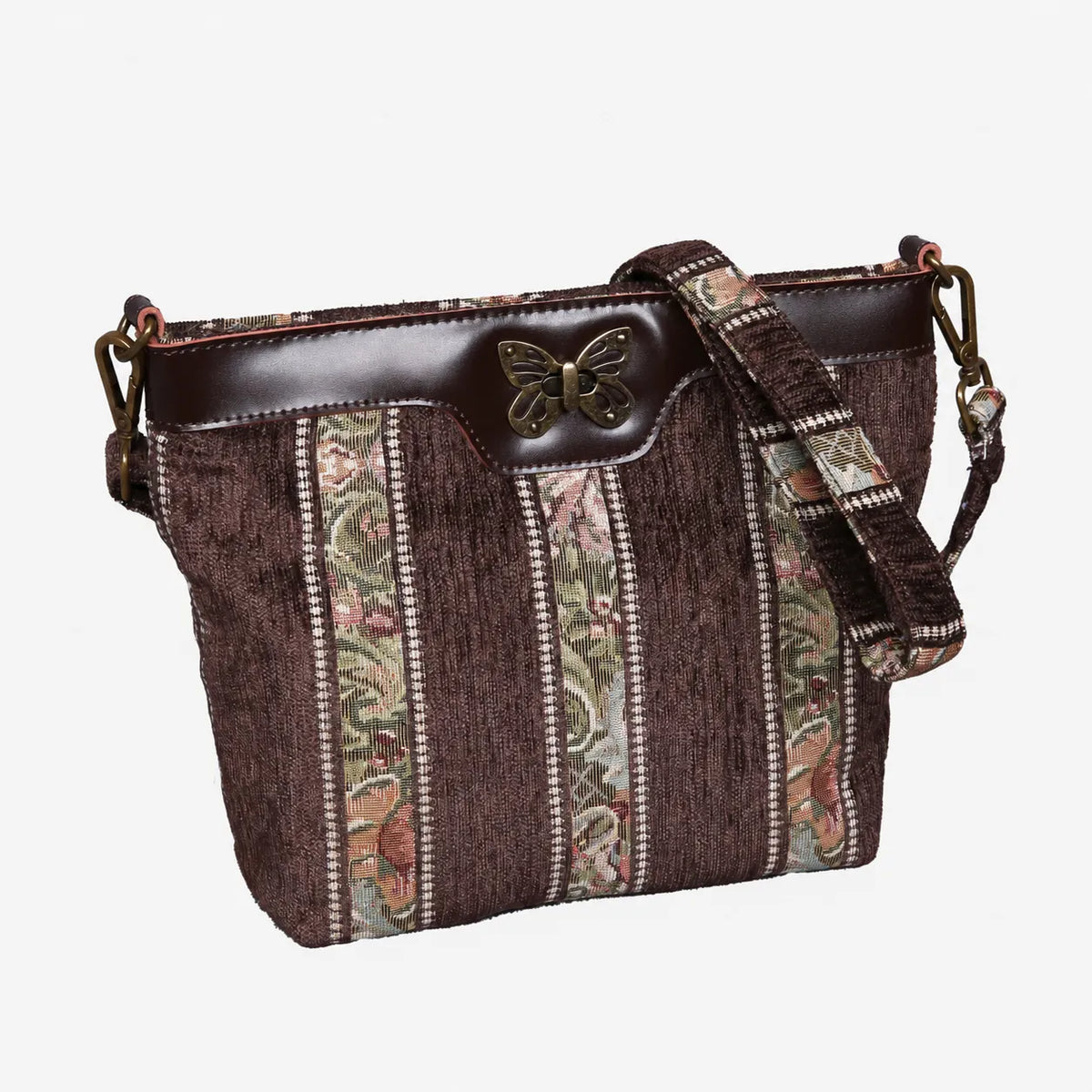 Floral Strips Coffee Carpet Crossbody Bag carpet bag MCW Handmade of America front