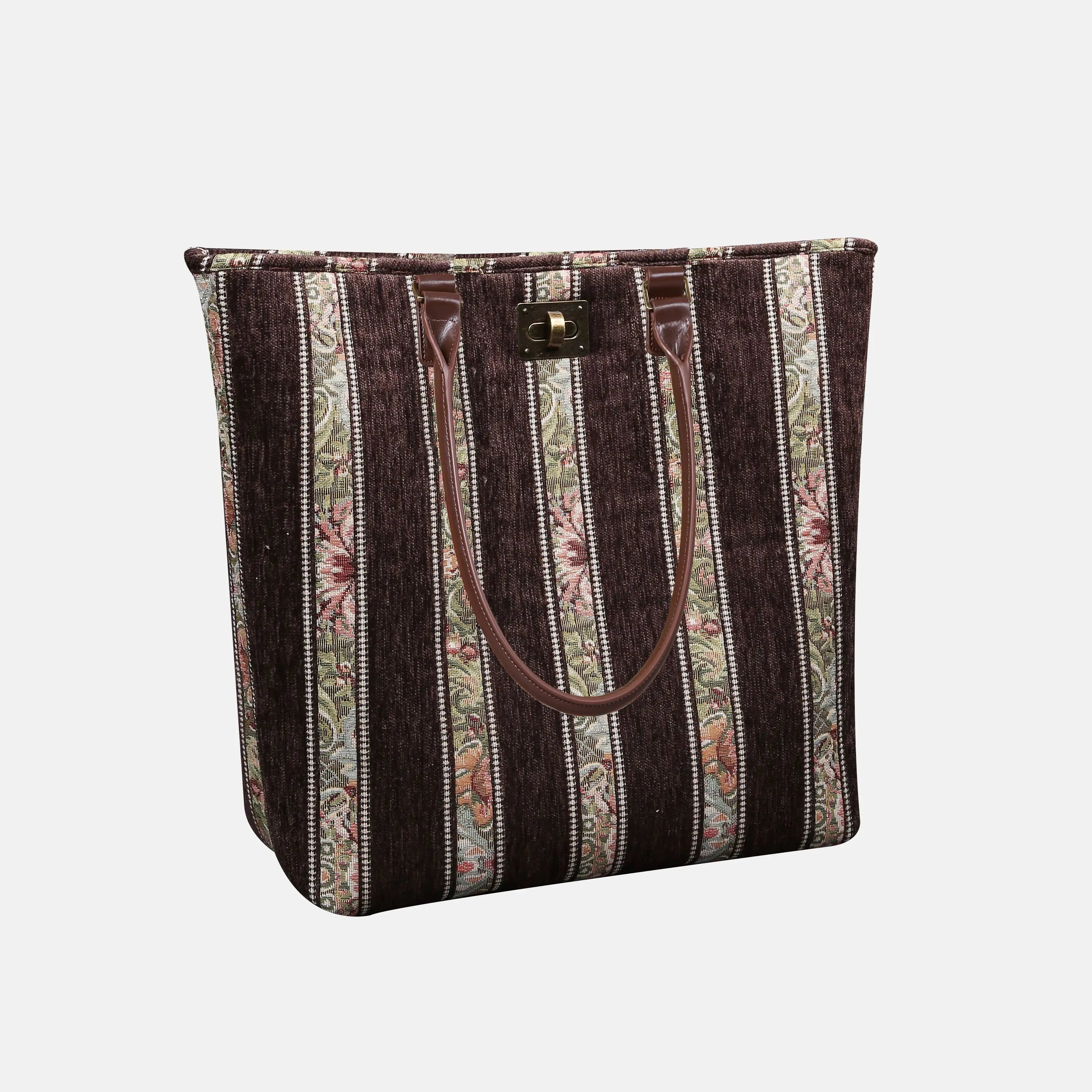 Floral Stripes Brown Carpet Tote Shopper Carpetbag of America handle down