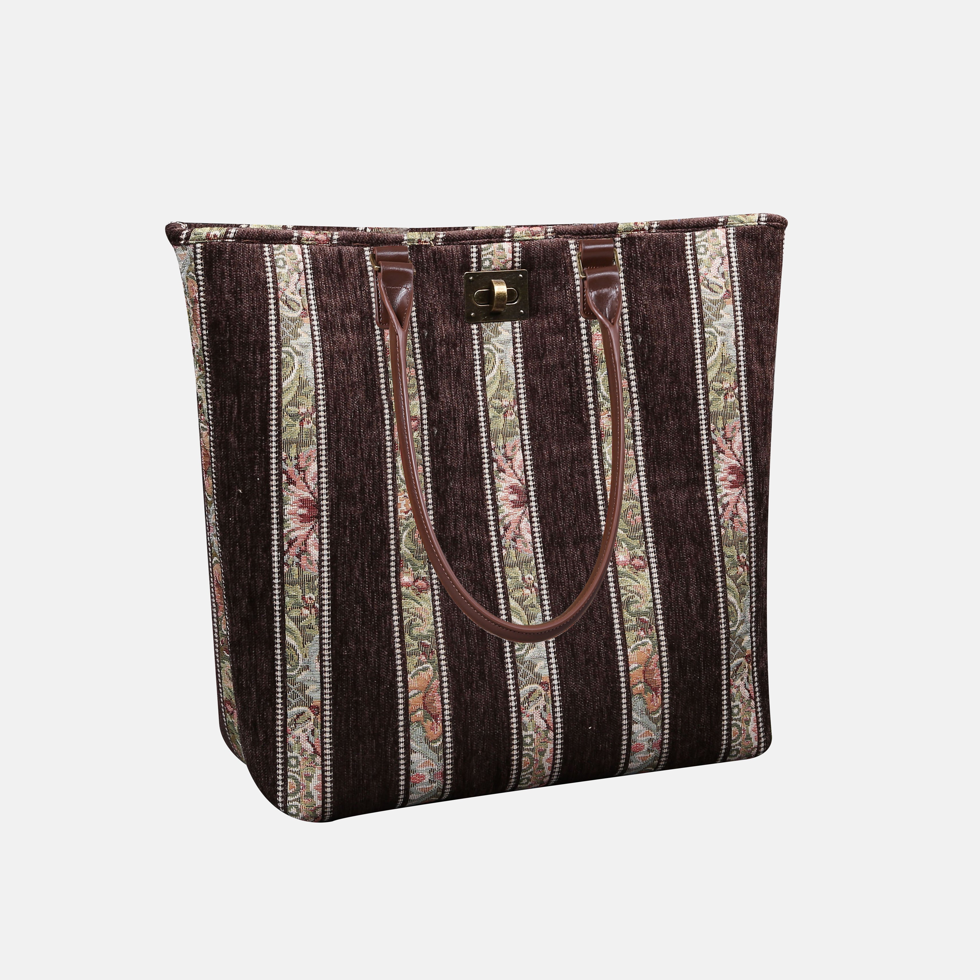 Floral Stripes Brown Carpet Tote Shopper Carpetbag of America handle down