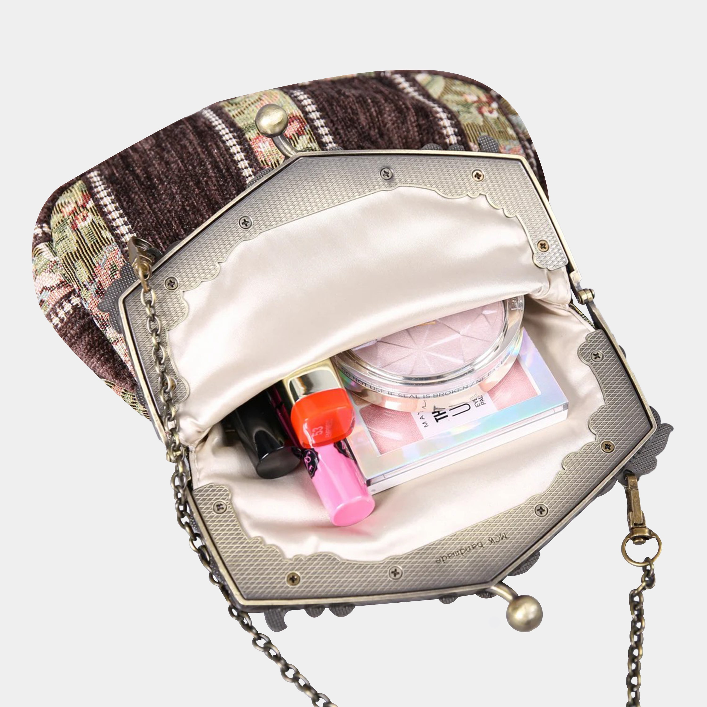 Floral Stripes Brown Chatelaine Purse Large carpet bag of America in use