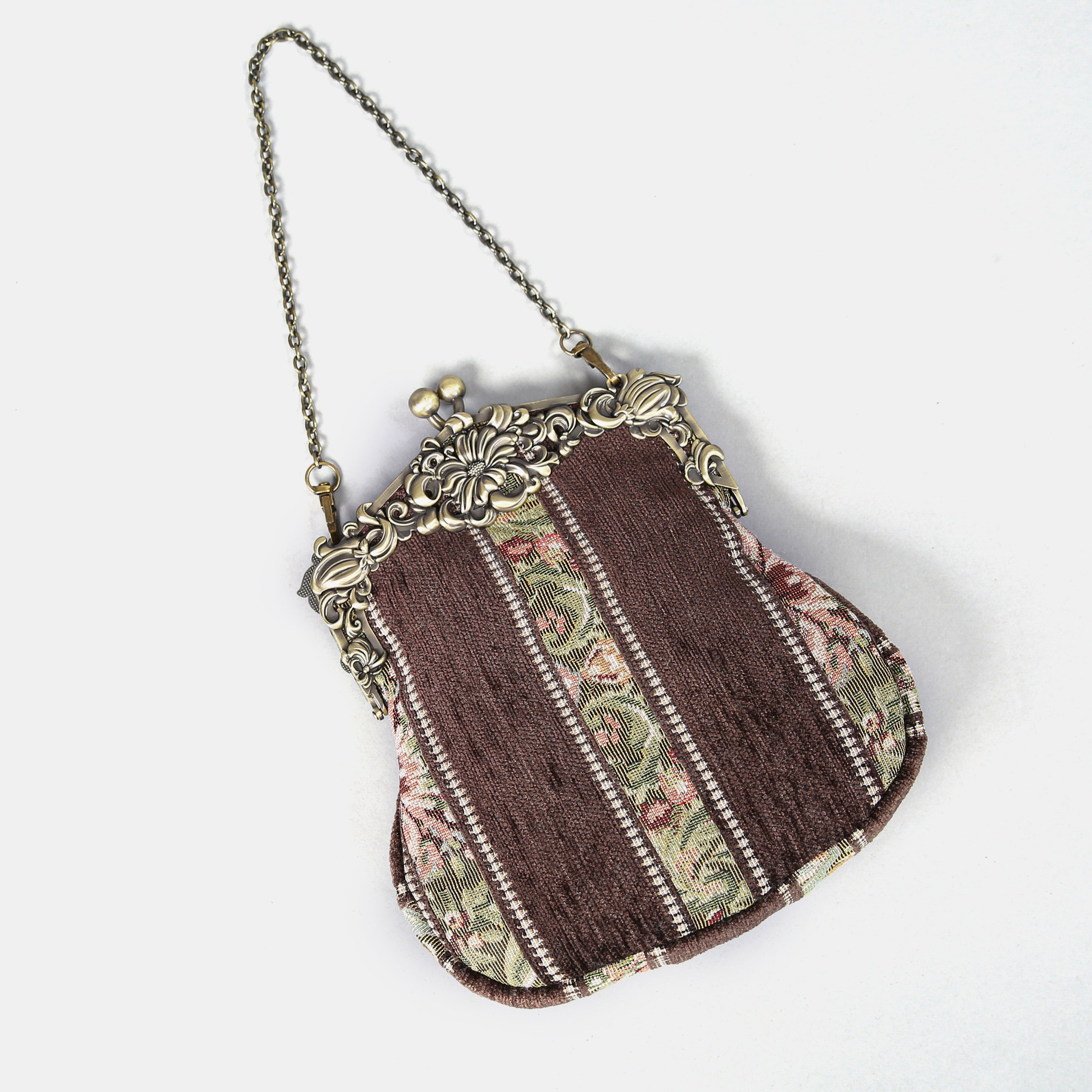 Floral Stripes Brown Chatelaine Purse Large carpet bag of America lay flat