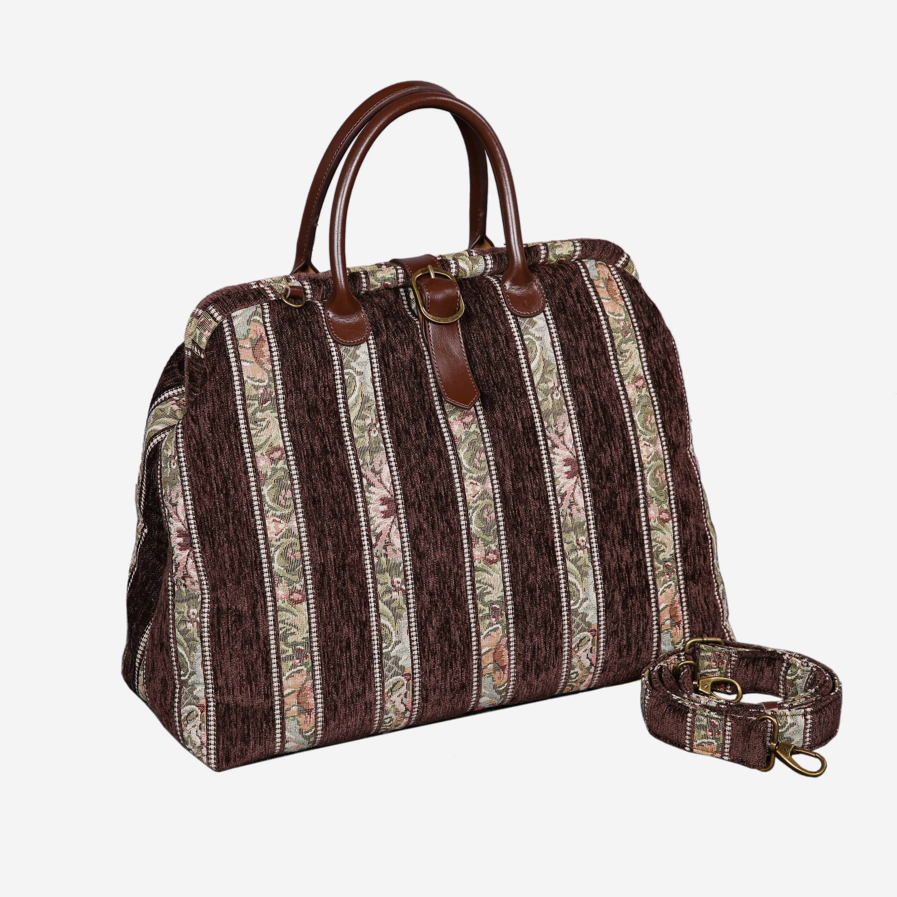 Floral Stripes Brown Mary Poppins Weekender Carpetbag of America with shoulder strap