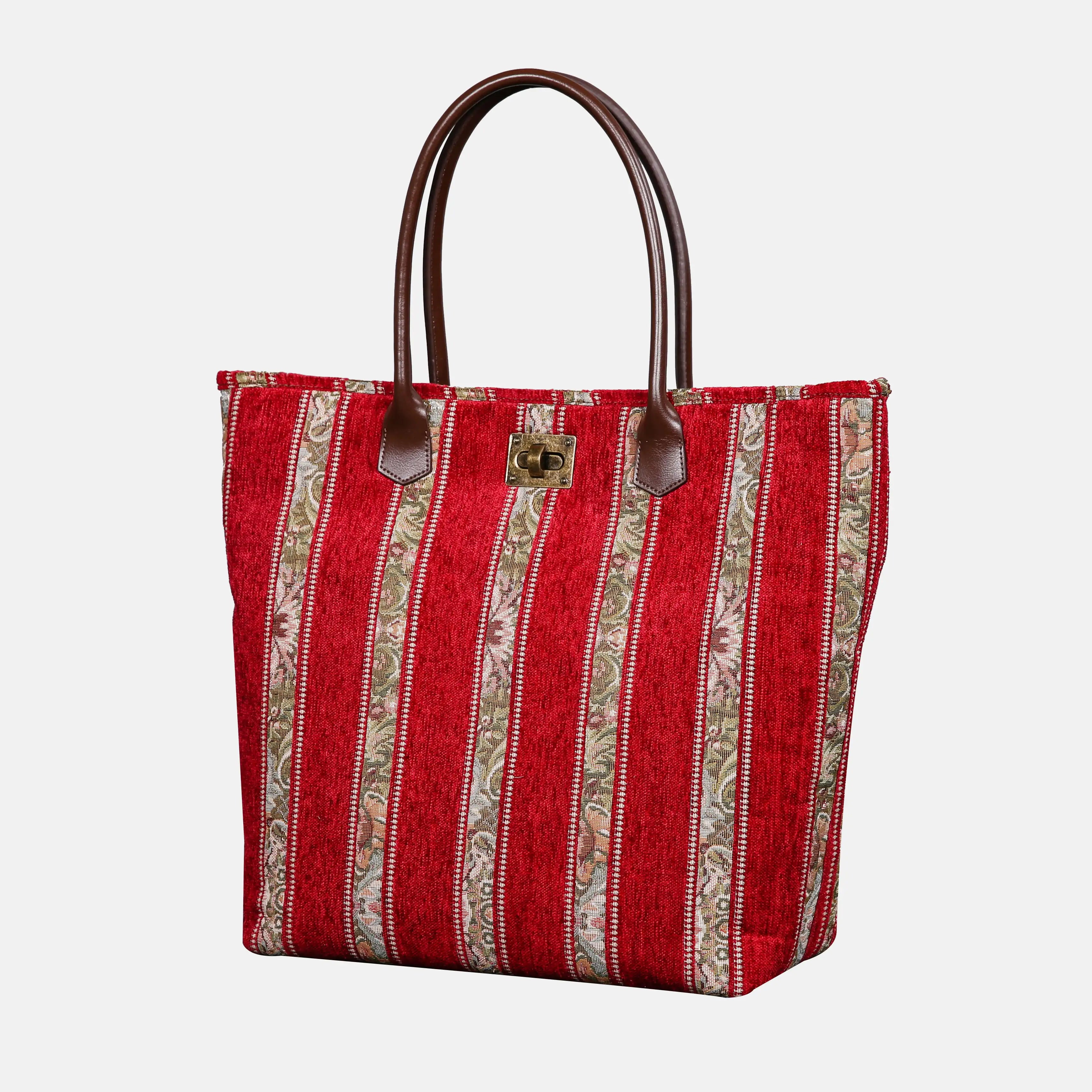 Floral Stripes Red Carpet Tote Shopper carpet bag MCW Handmade of America front