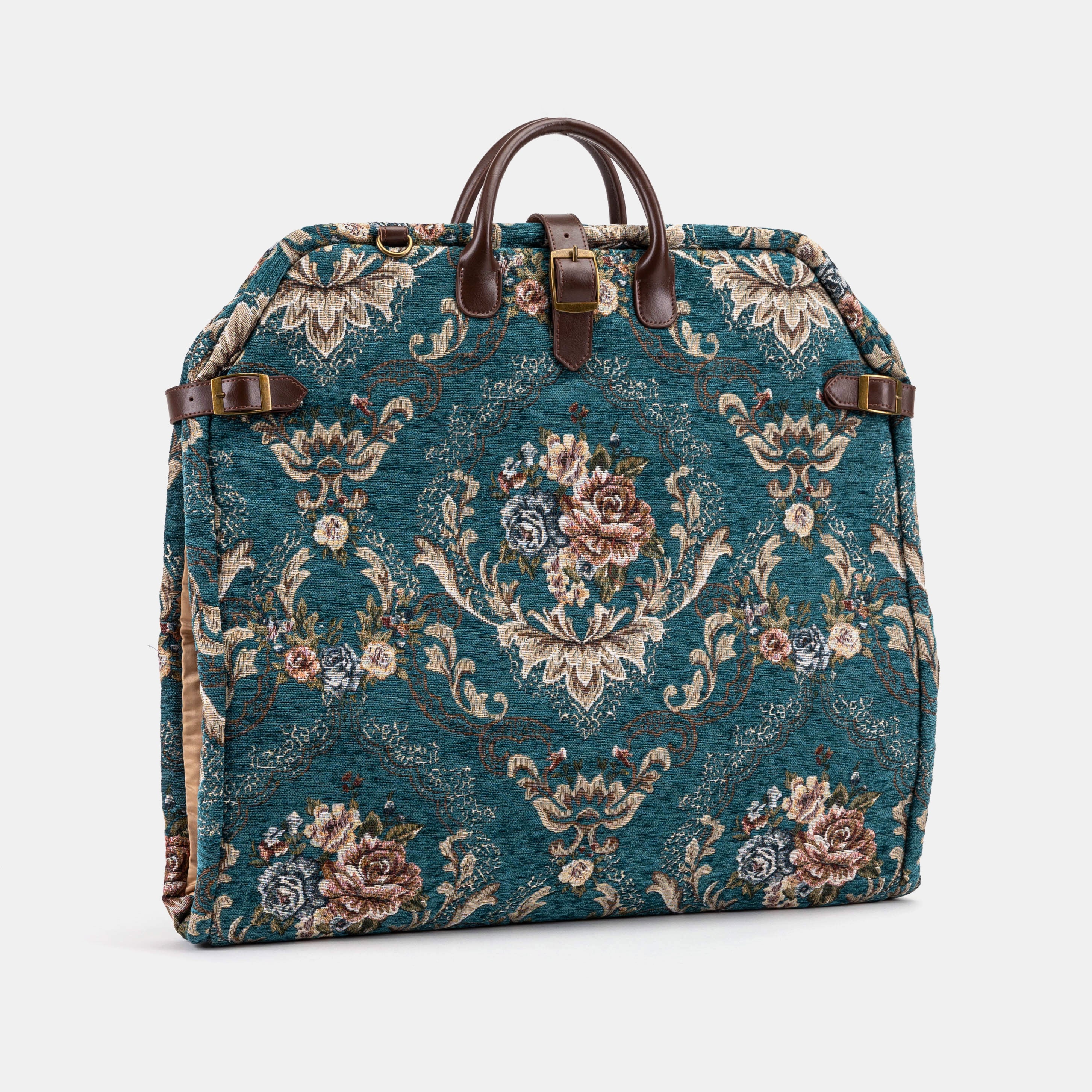 Floral Teal Carpet Garment Bag carpet bag of America front side