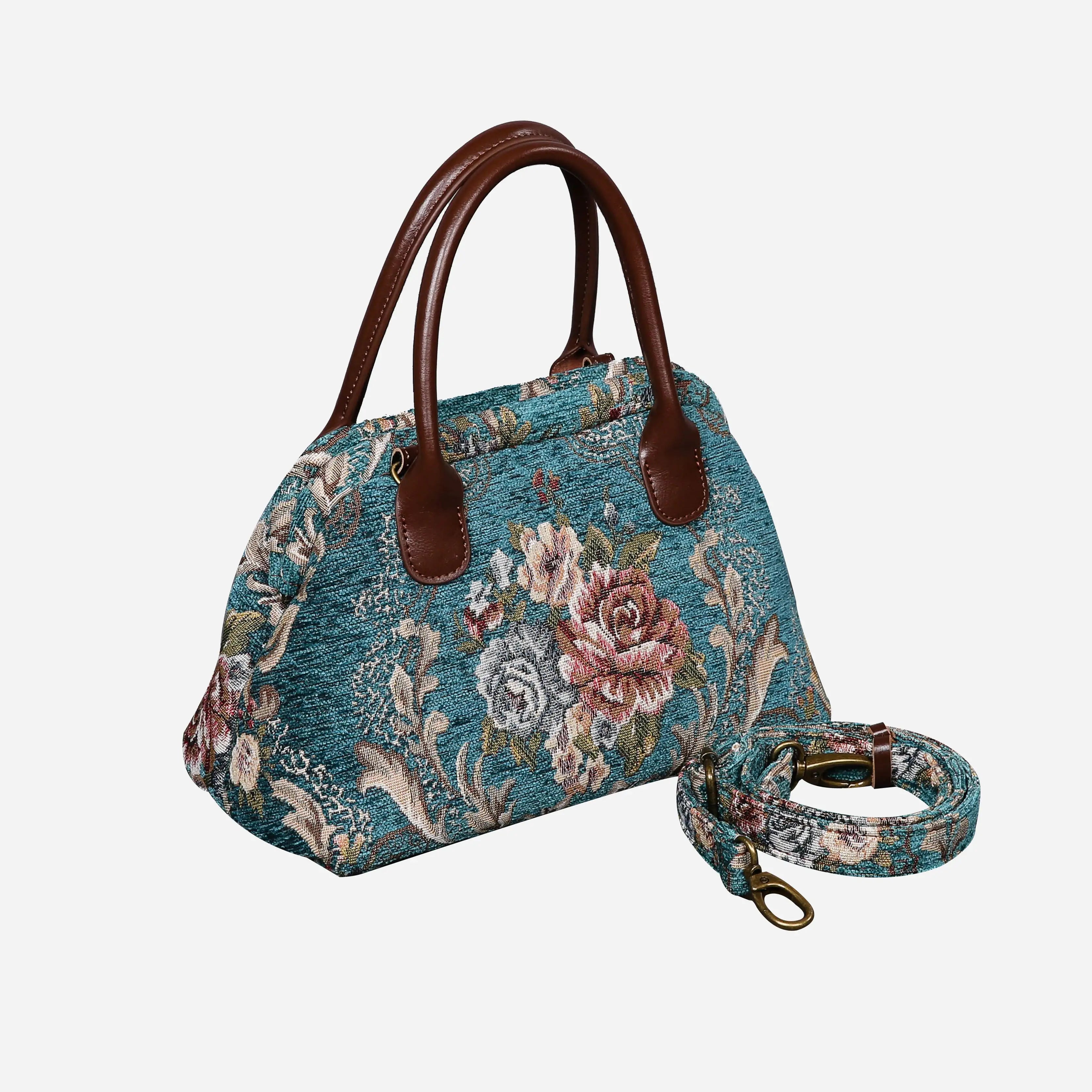 Floral Teal Carpet Satchel carpet bag MCW Handmade of America with strap
