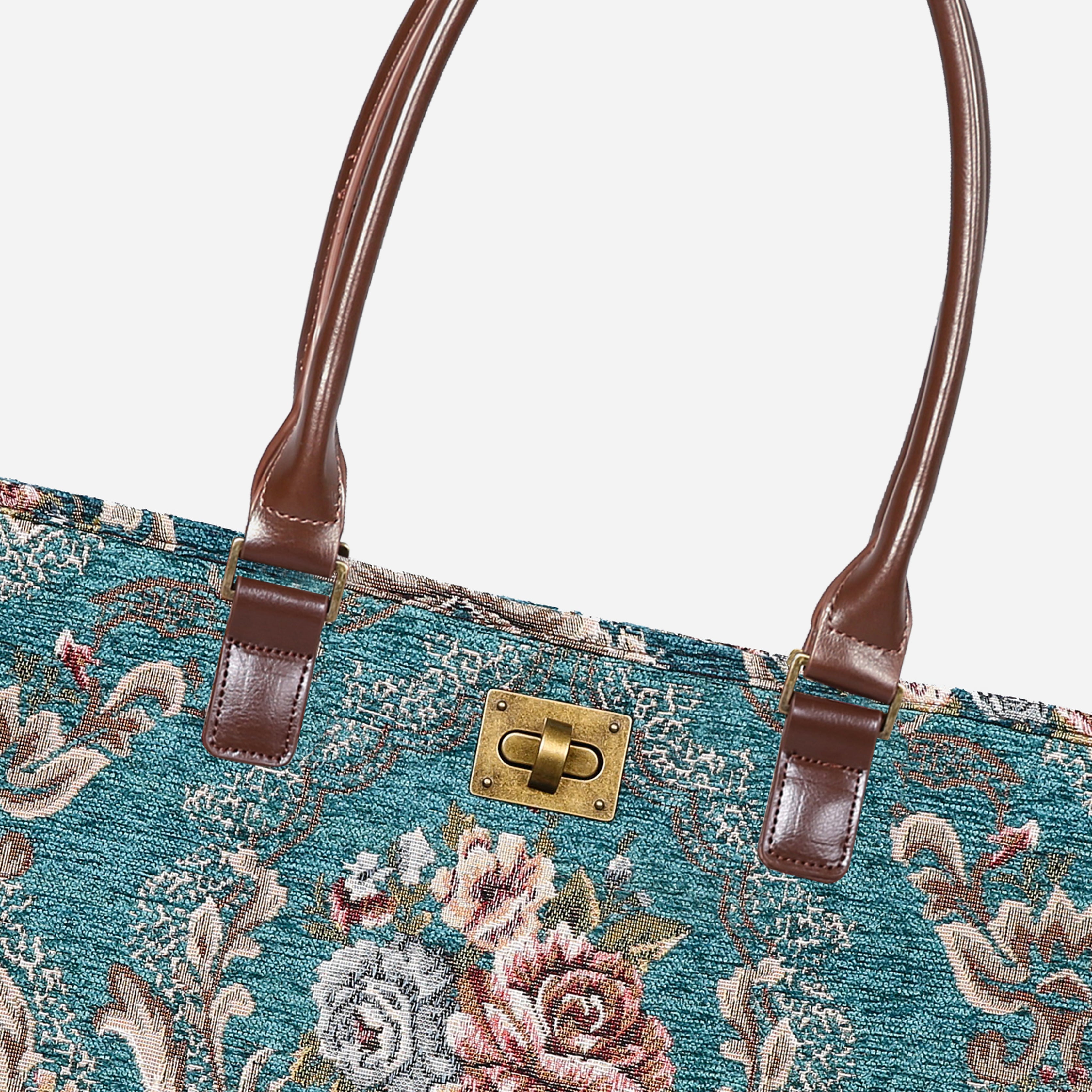 Floral Teal Carpet Tote Shopper Carpetbag of America closure