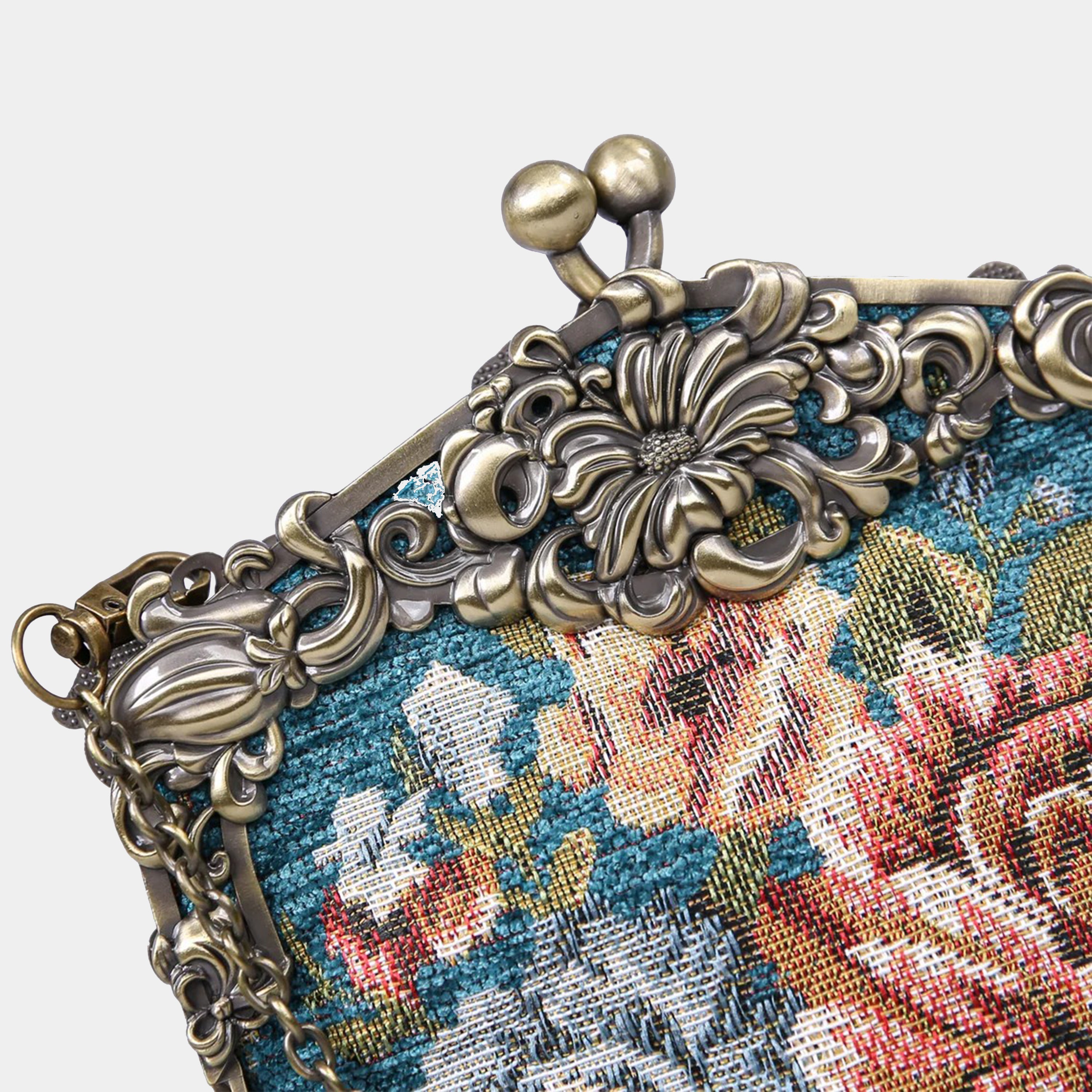 Floral Teal Chatelaine Purse Large carpet bag of America detail