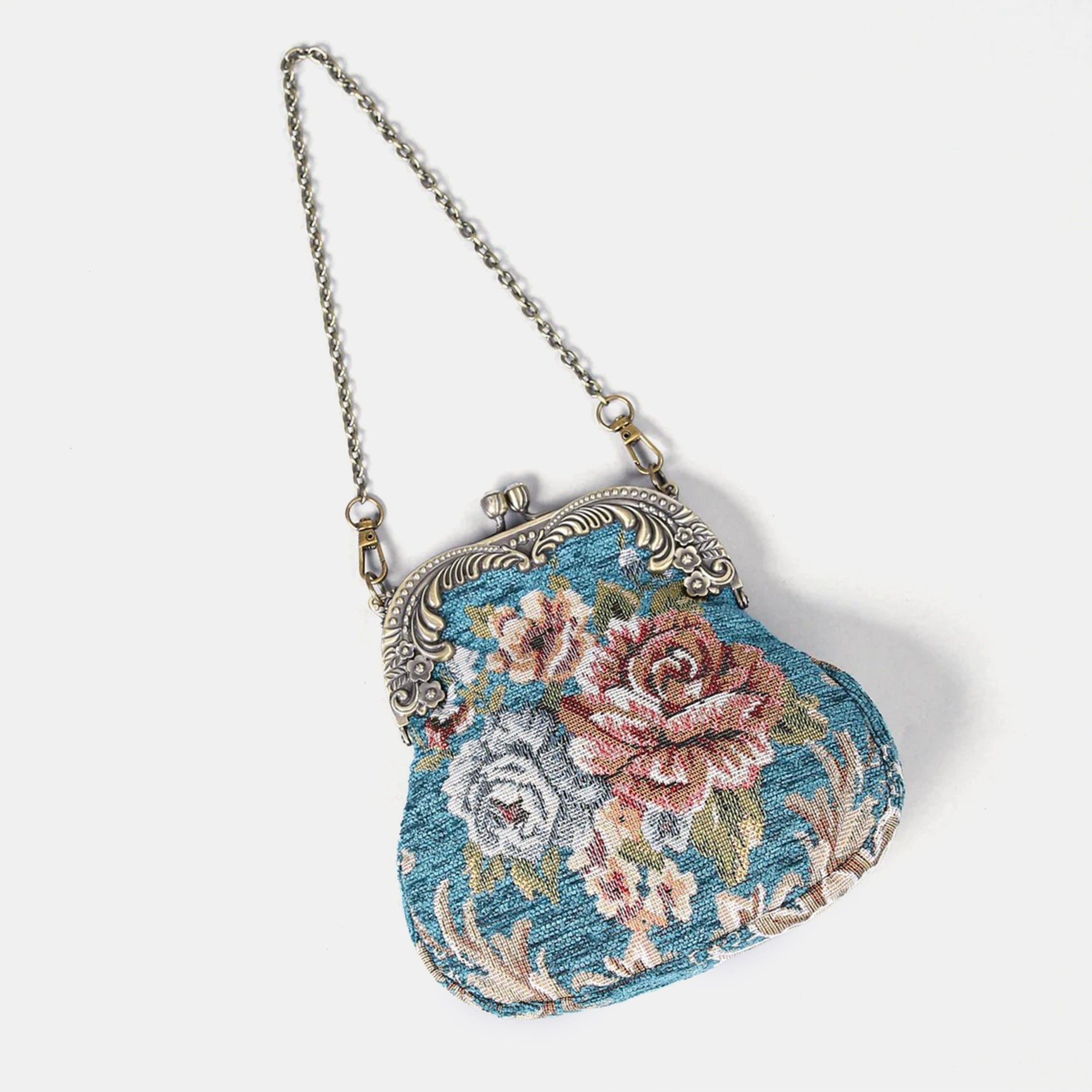 Floral Teal Chatelaine Purse Medium carpet bag of America in use