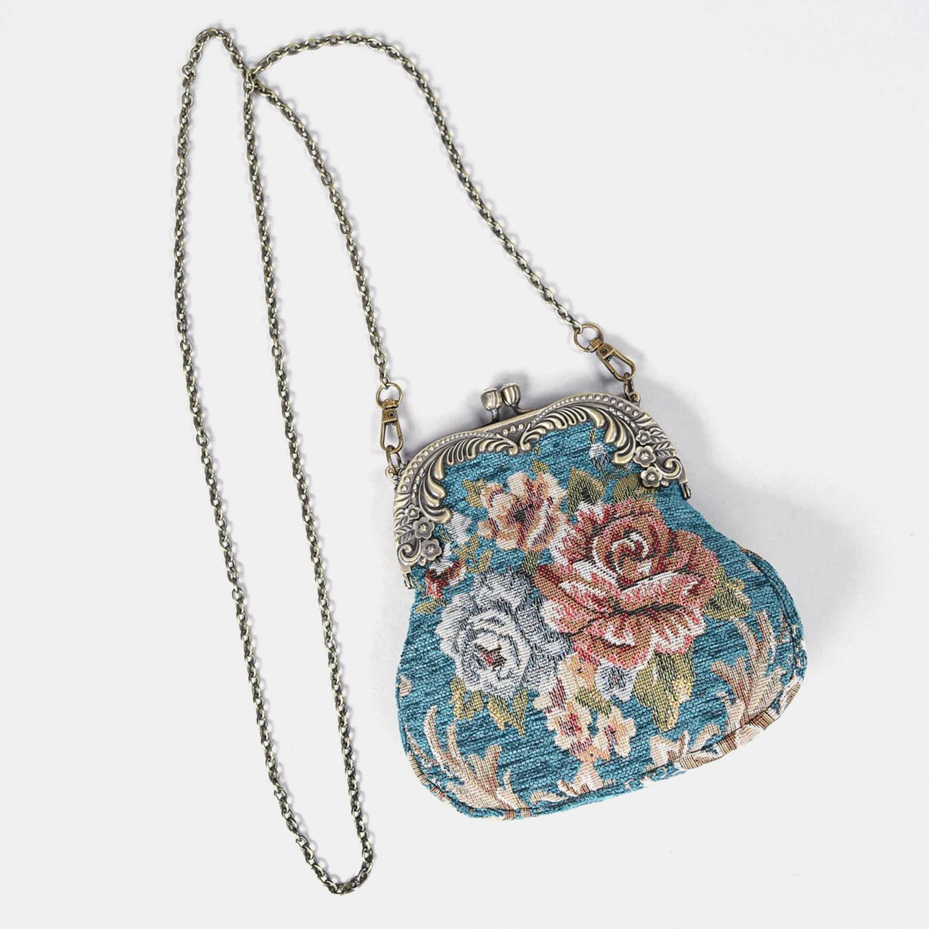 Floral Teal Chatelaine Purse Medium carpet bag of America with chain