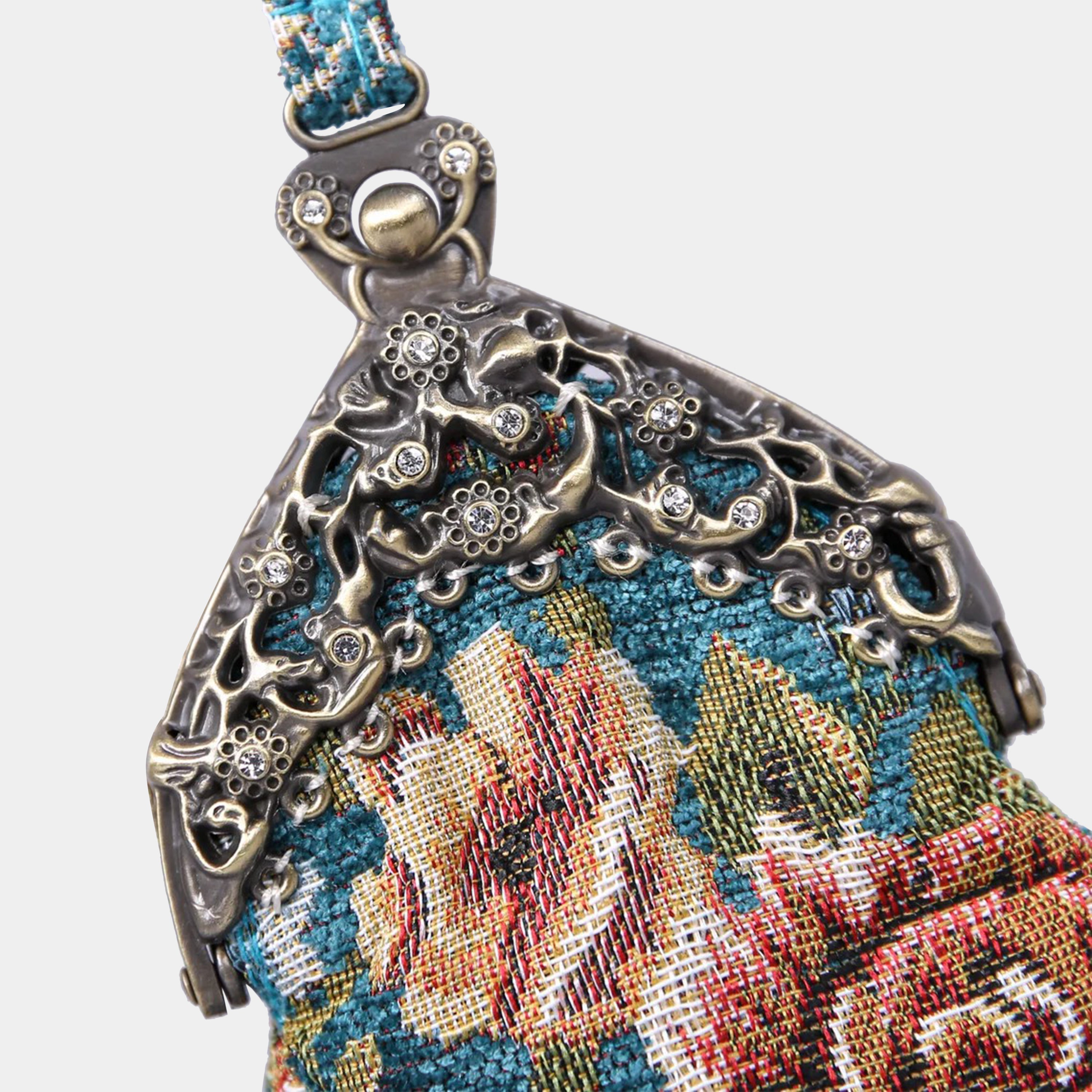 Floral Teal Chatelaine Purse Wristlet Bag carpet bag of America details