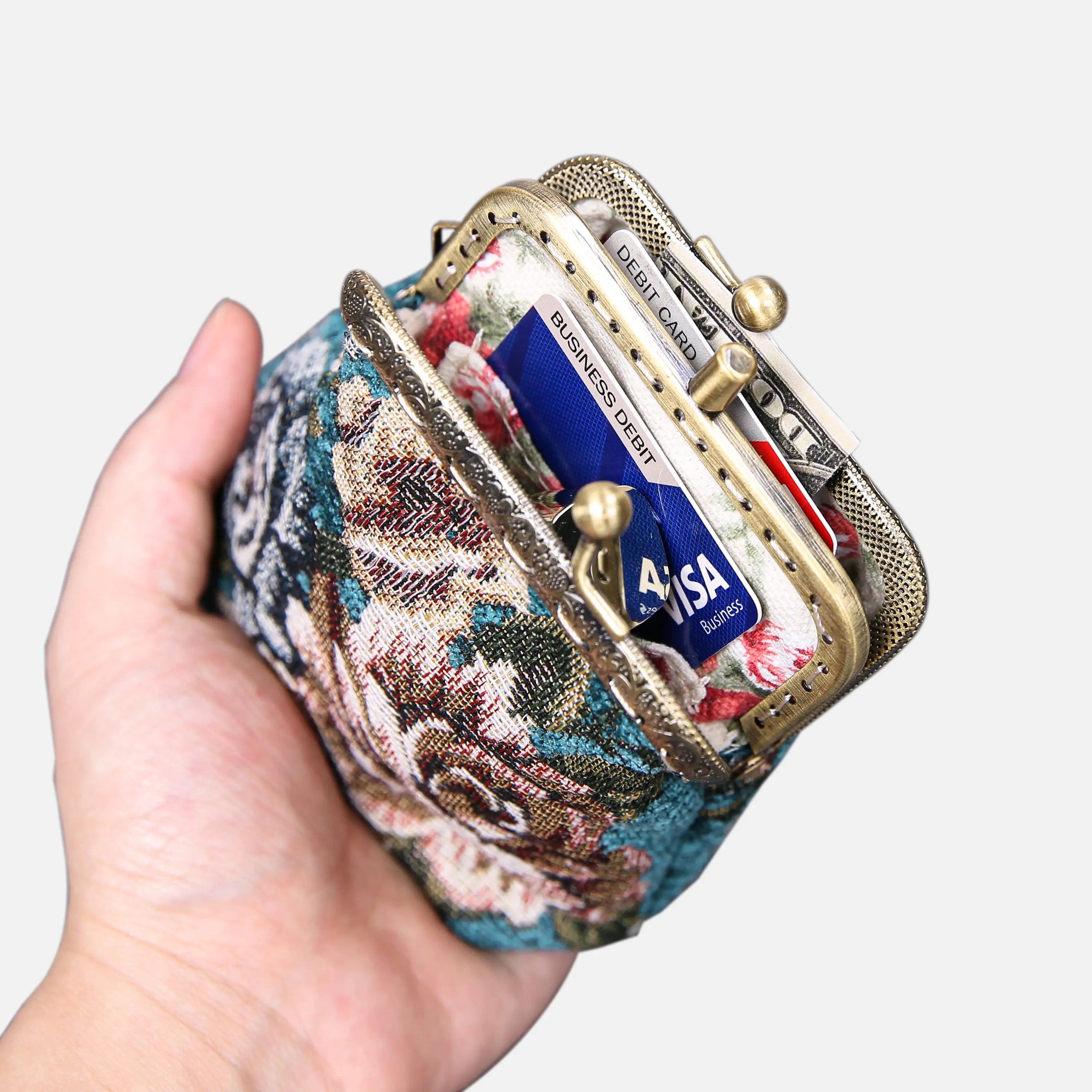 Floral Teal Double Kiss Clasp Coin Purse of America in use-1