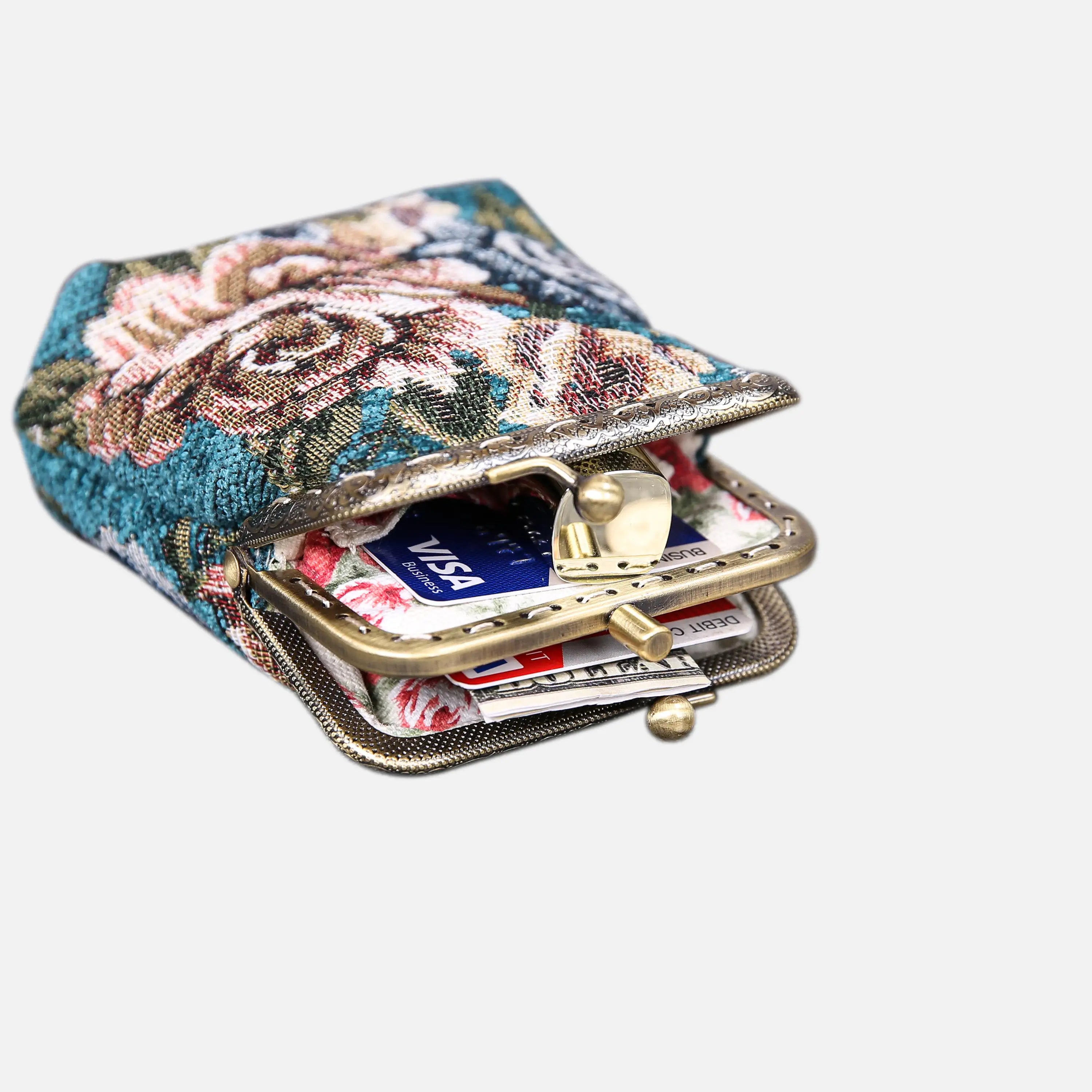 Floral Teal Double Kiss Clasp Coin Purse of America in use-3