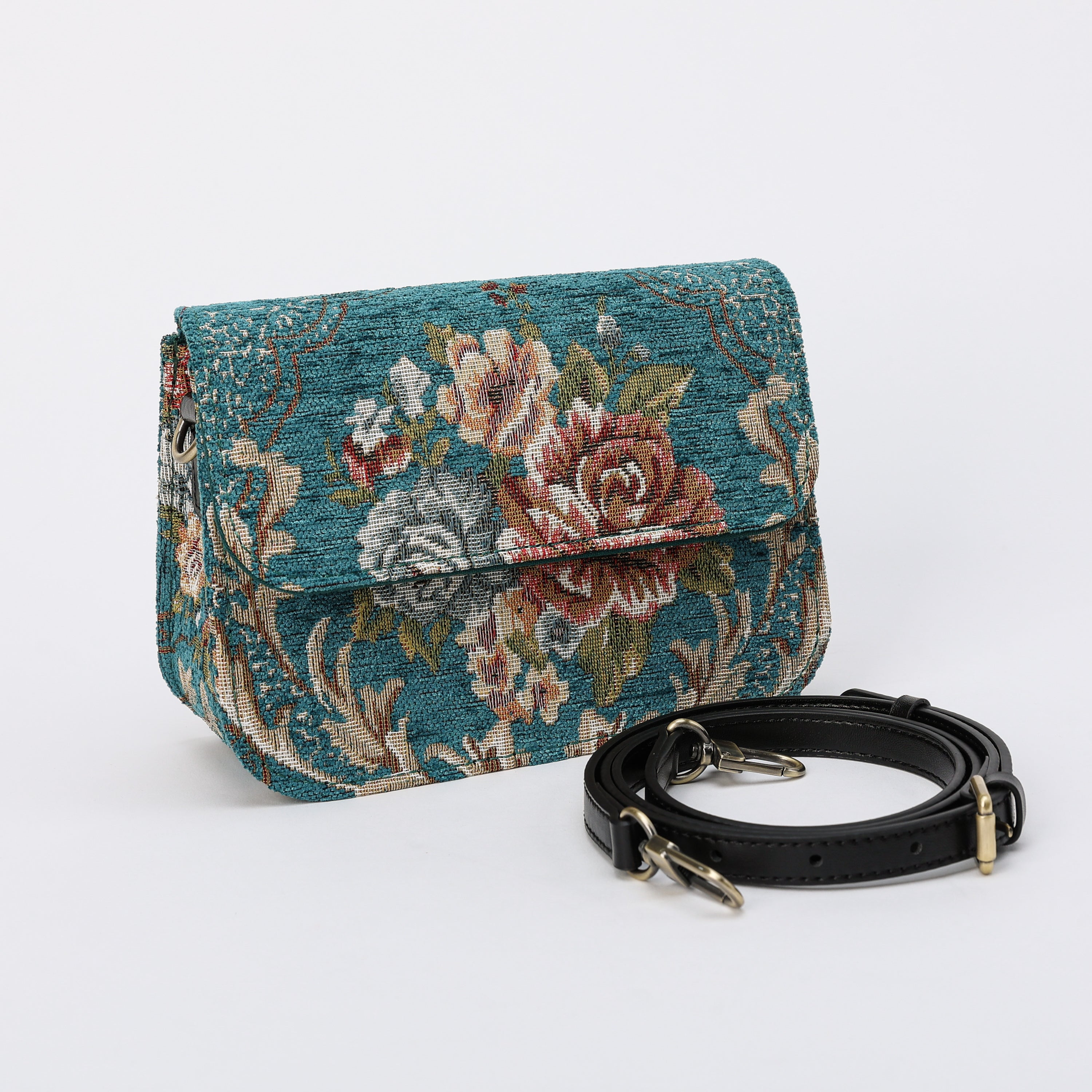Floral Teal Flap Crossbody Bag carpet bag of America with shoulder strap