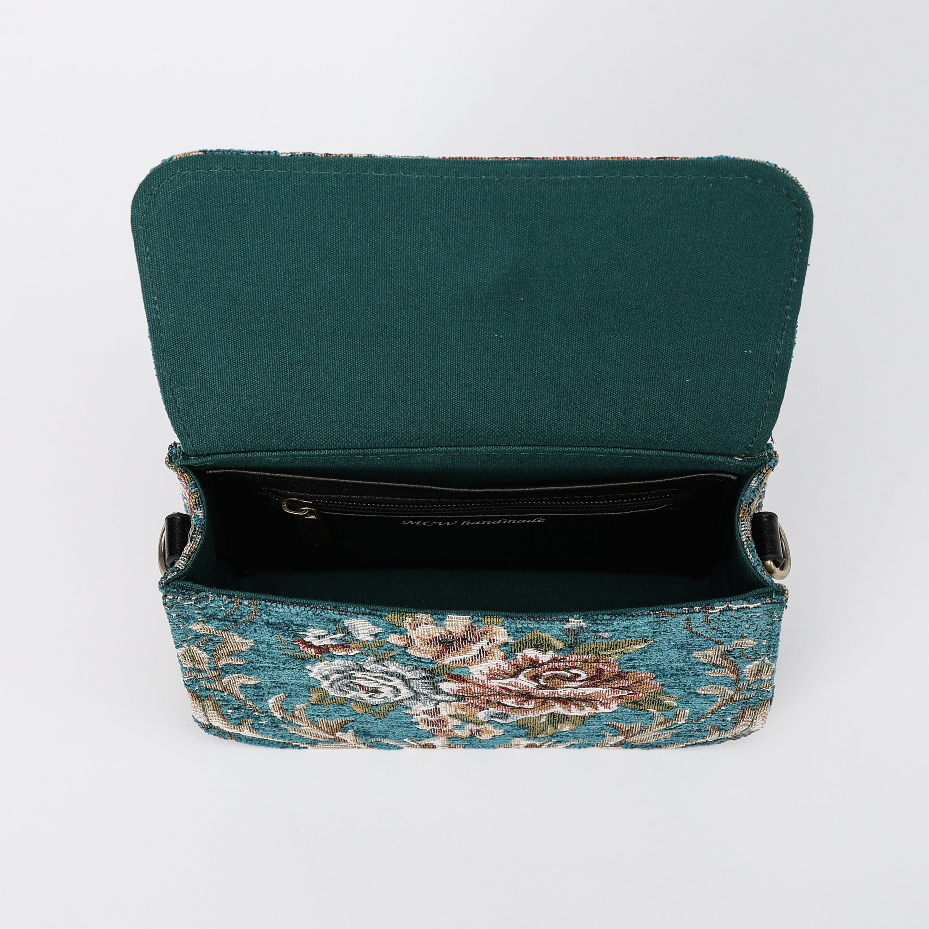 Floral Teal Flap Crossbody Bag carpet bag of America inside