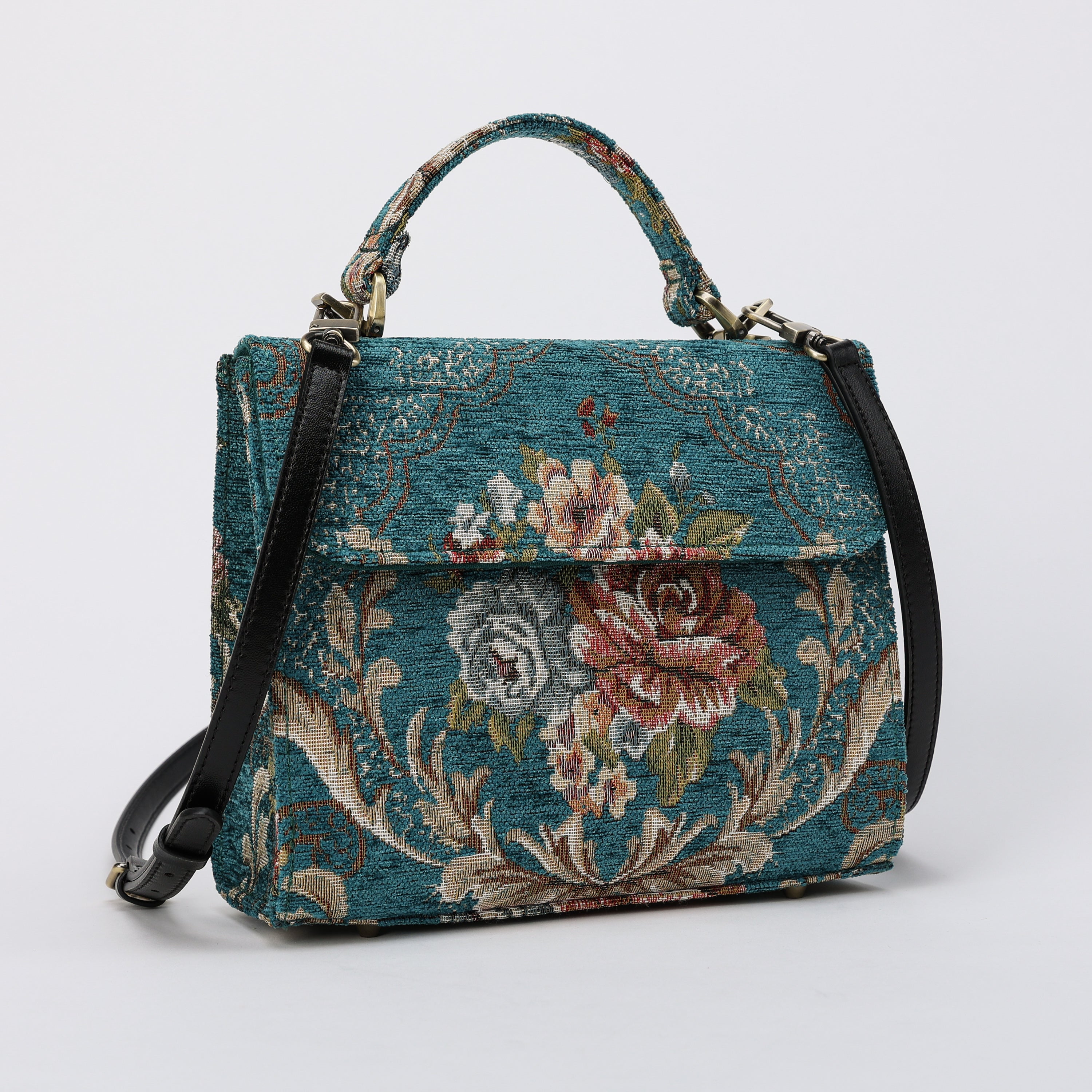 Floral Teal Flap Satchel Carpetbag of America with shoulder strap