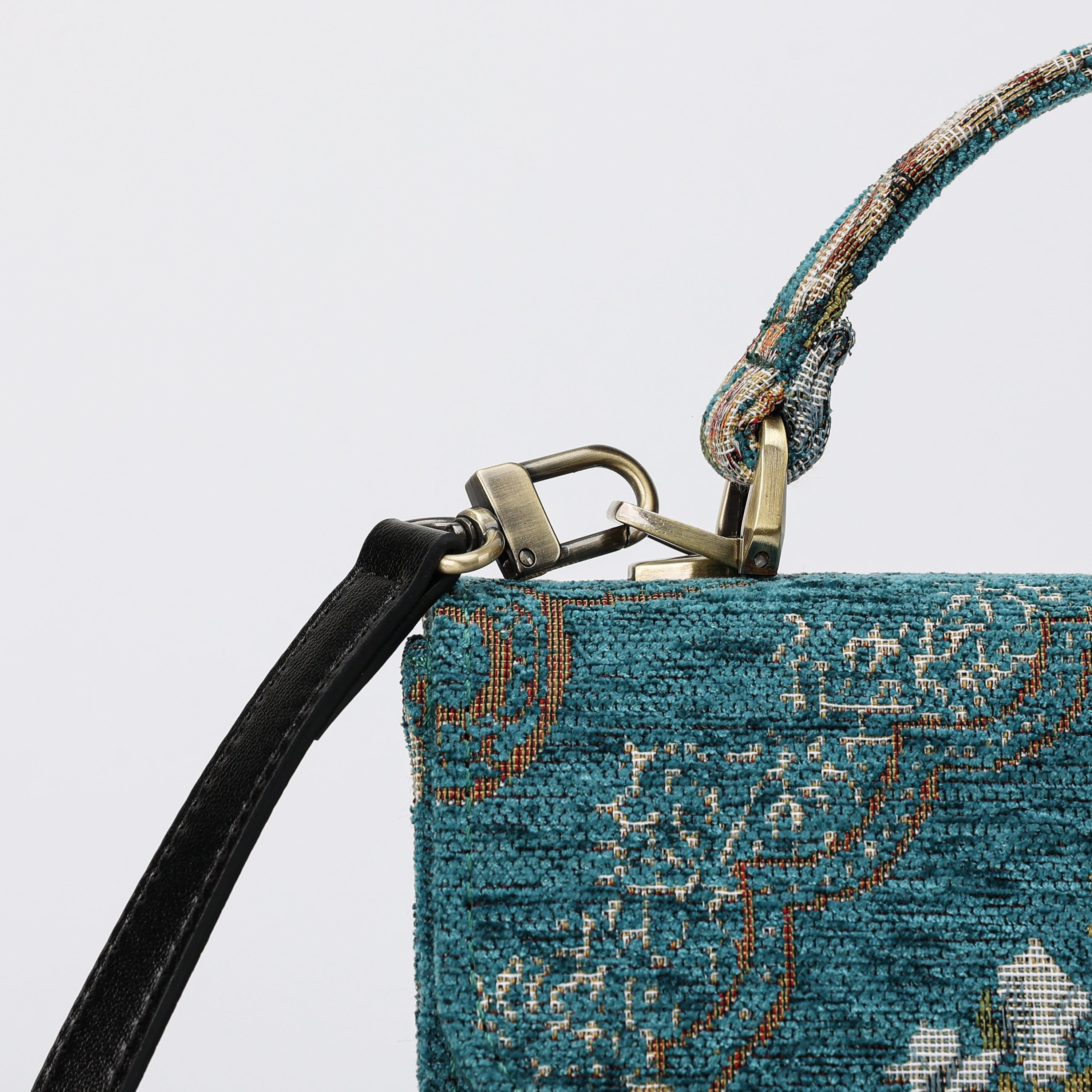 Floral Teal Flap Satchel Carpetbag of America details