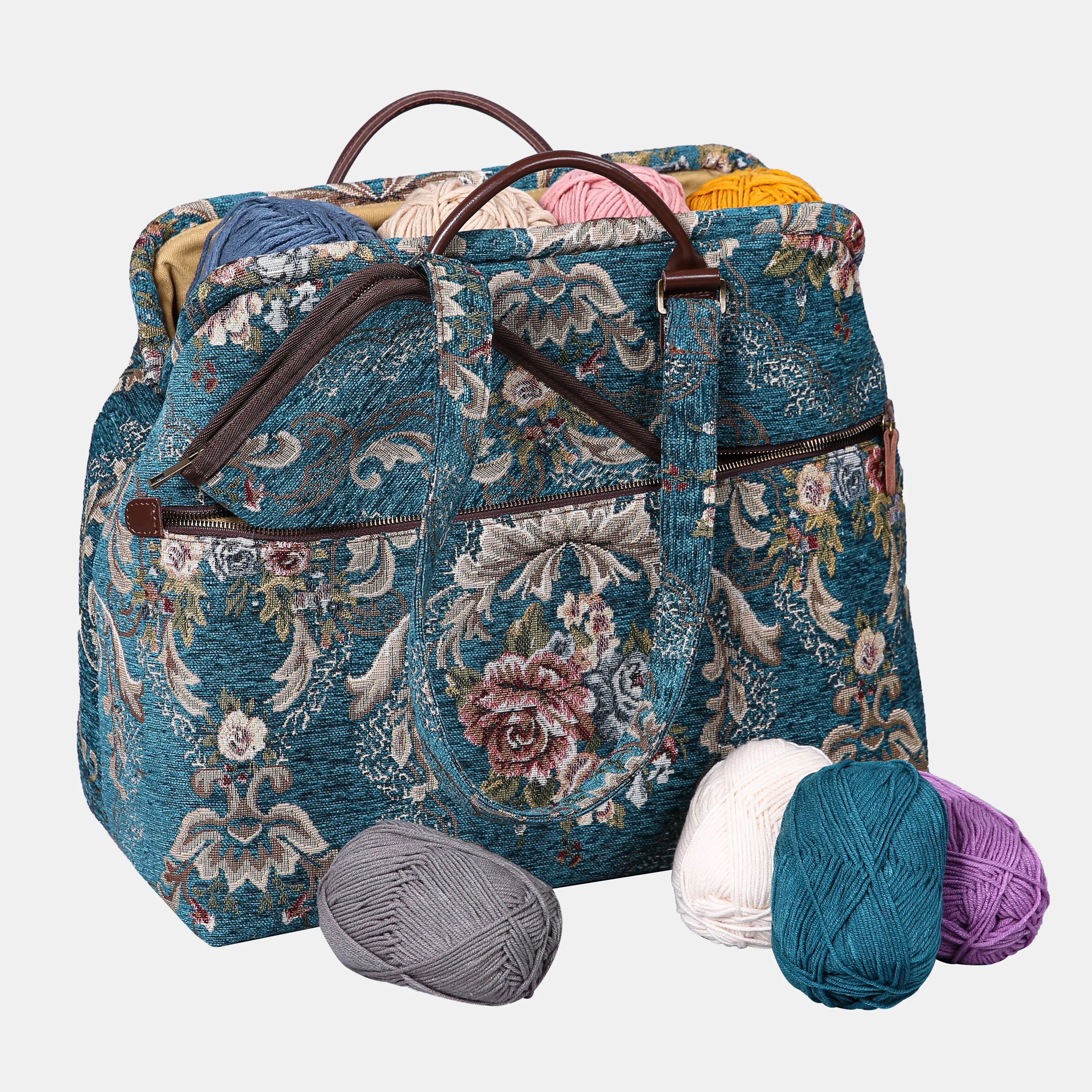 Floral Teal Knitting Project Bag of America-with yarn ball