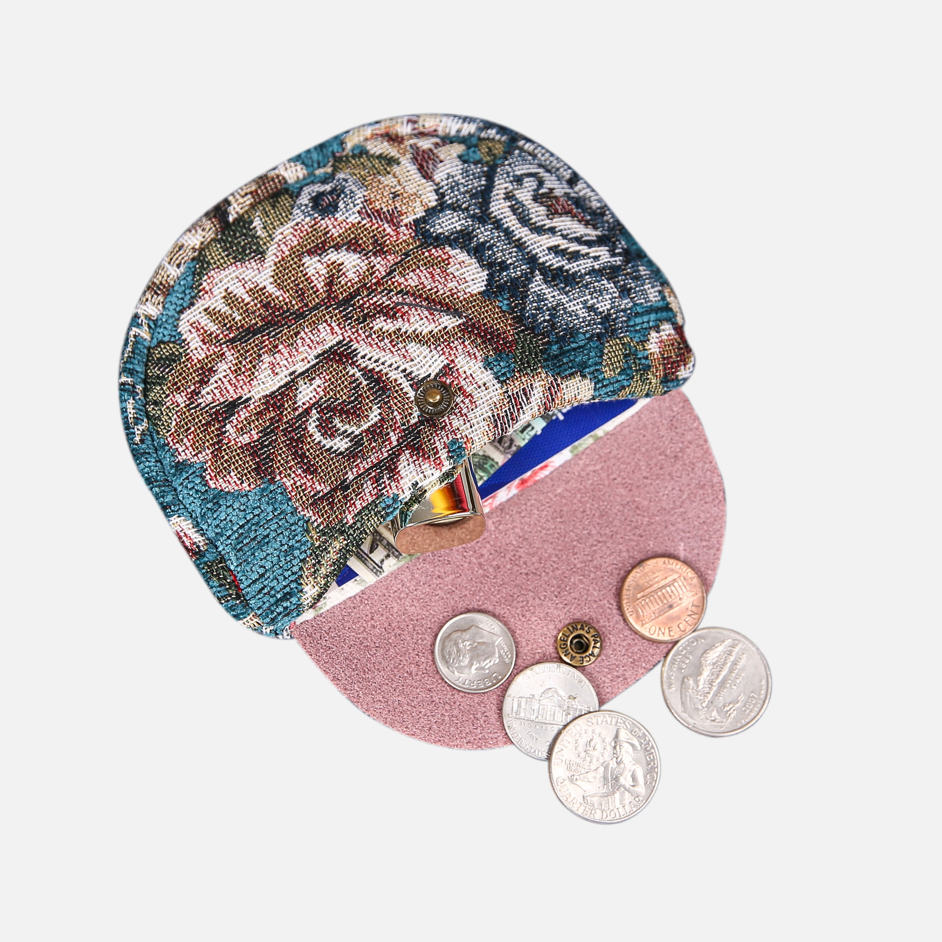 Floral Teal Flap Coin Purse MCW Handmade lay flat