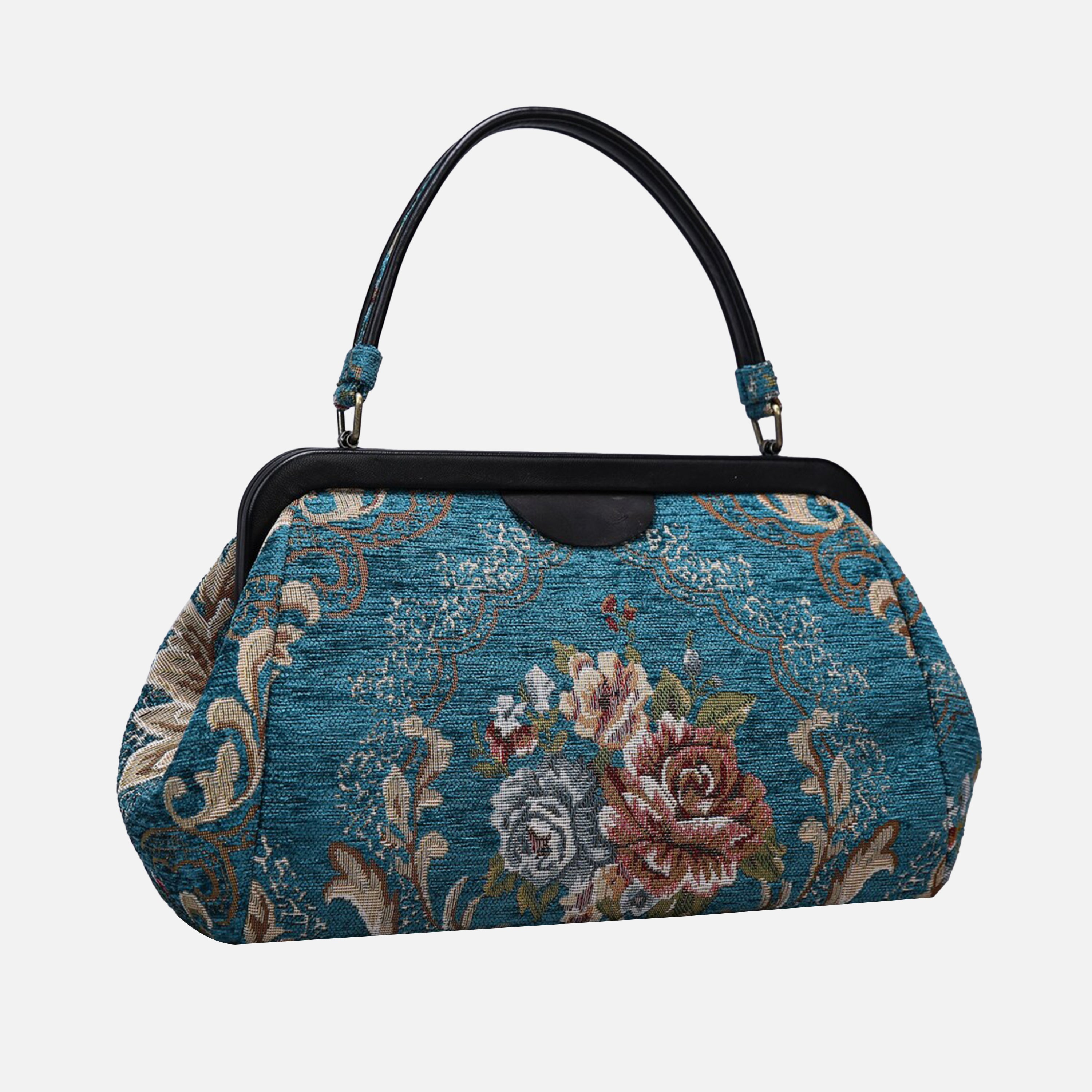 Floral Teal Top Handle Purse carpet bag of America front