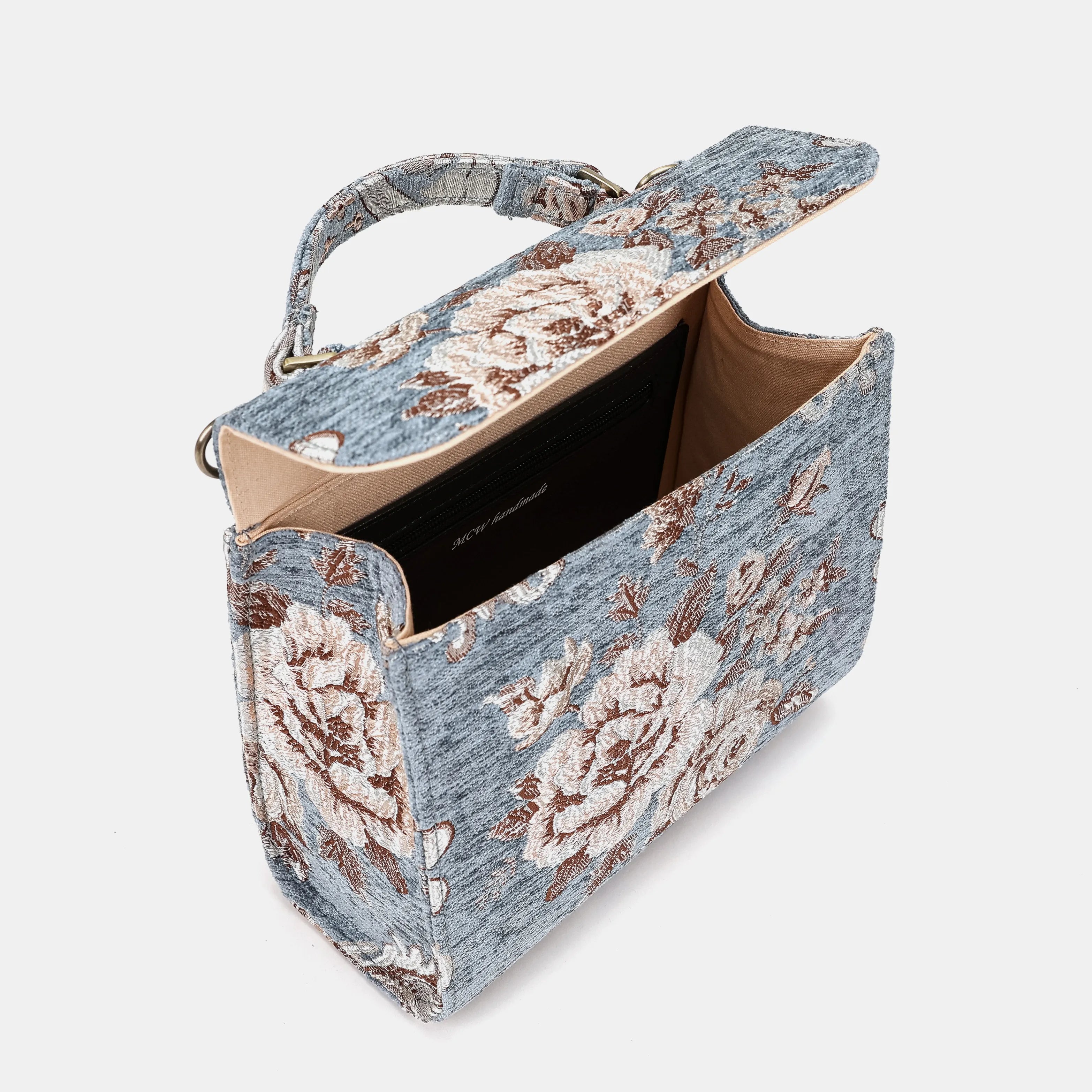 Floral Windy Blue Flap Satchel Carpetbag of America opening