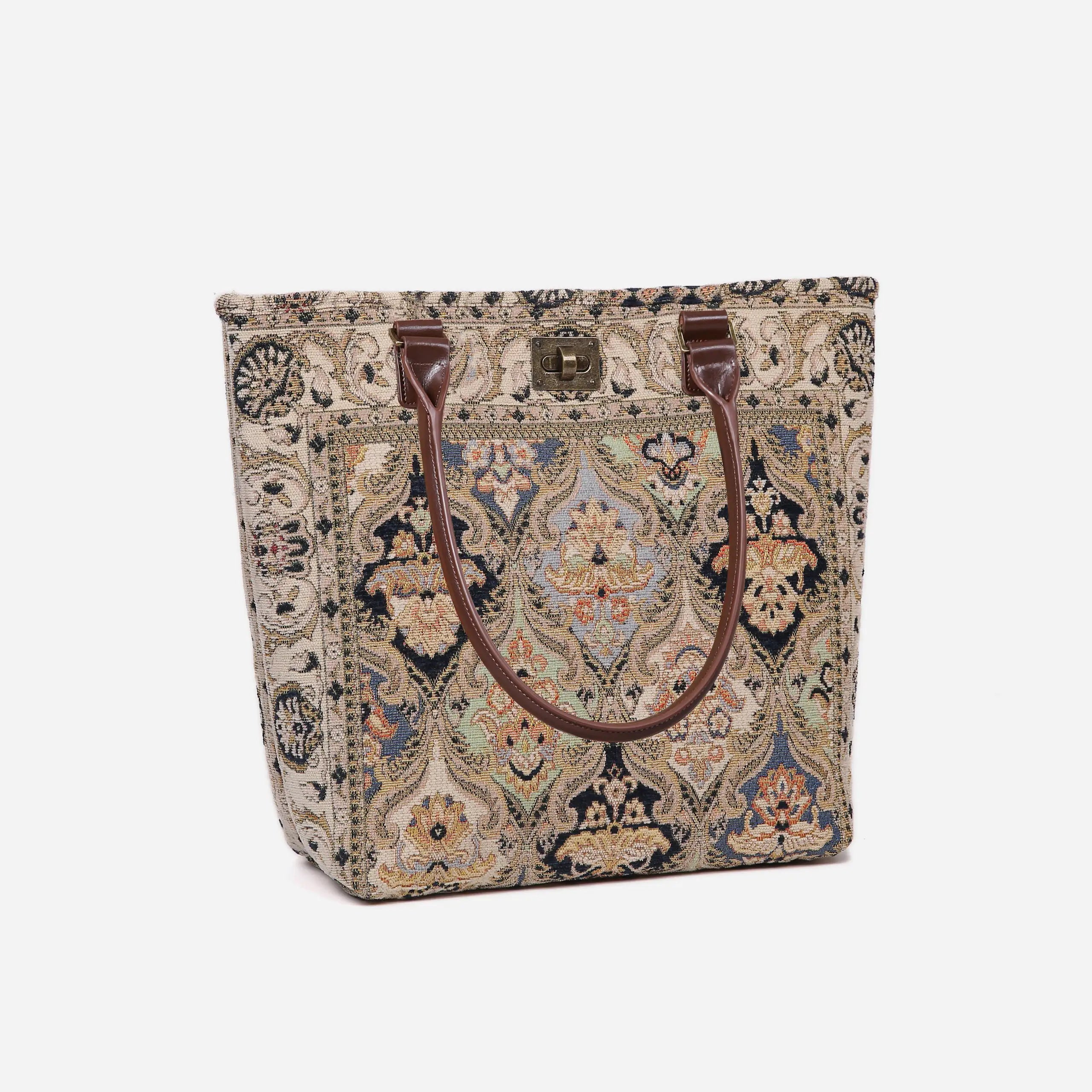 Golden Age Navy Carpet Tote Shopper Carpetbag of America handle down