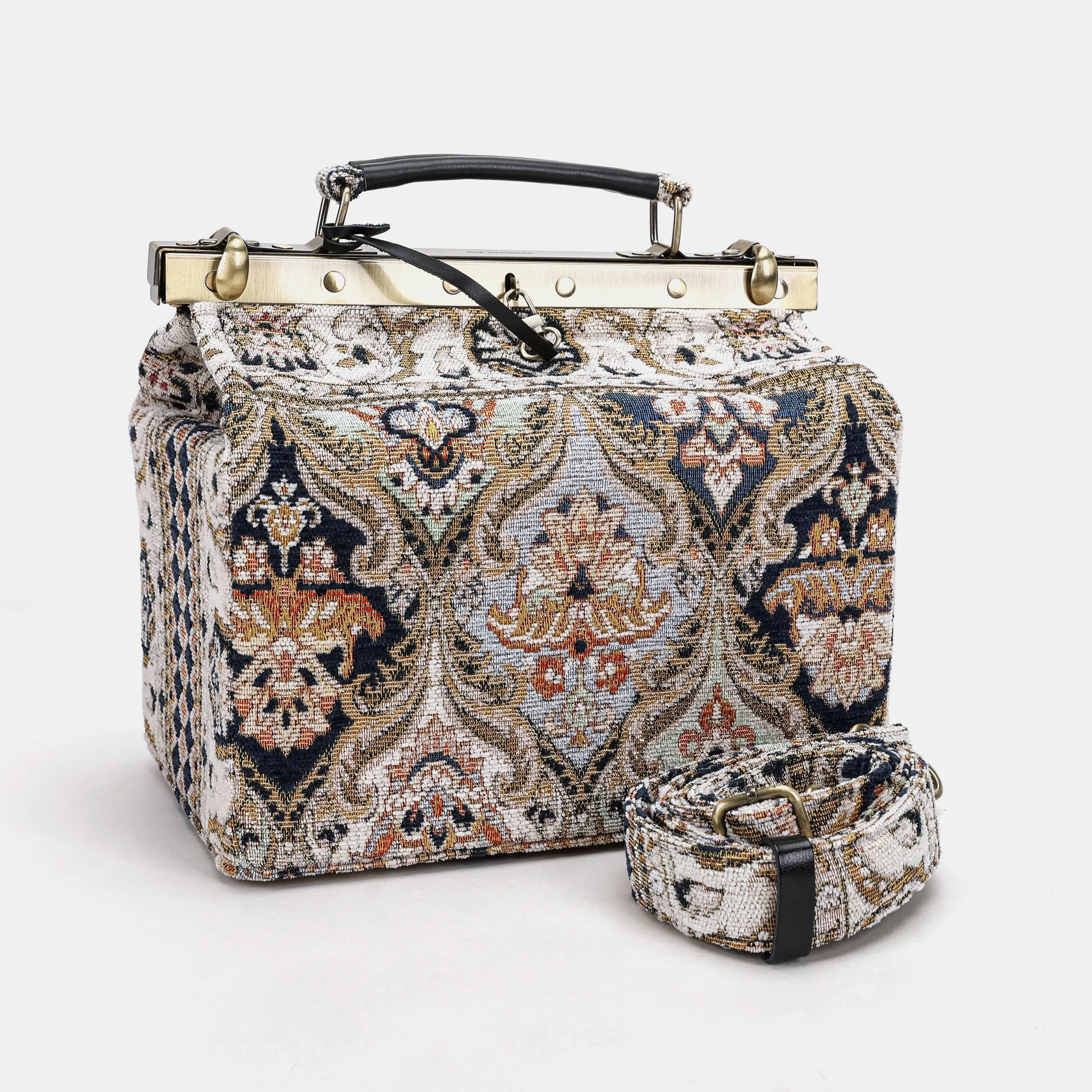 Golden Age Navy Vivienne Carpet Purse Gladstone Bag of America with shoulder strap