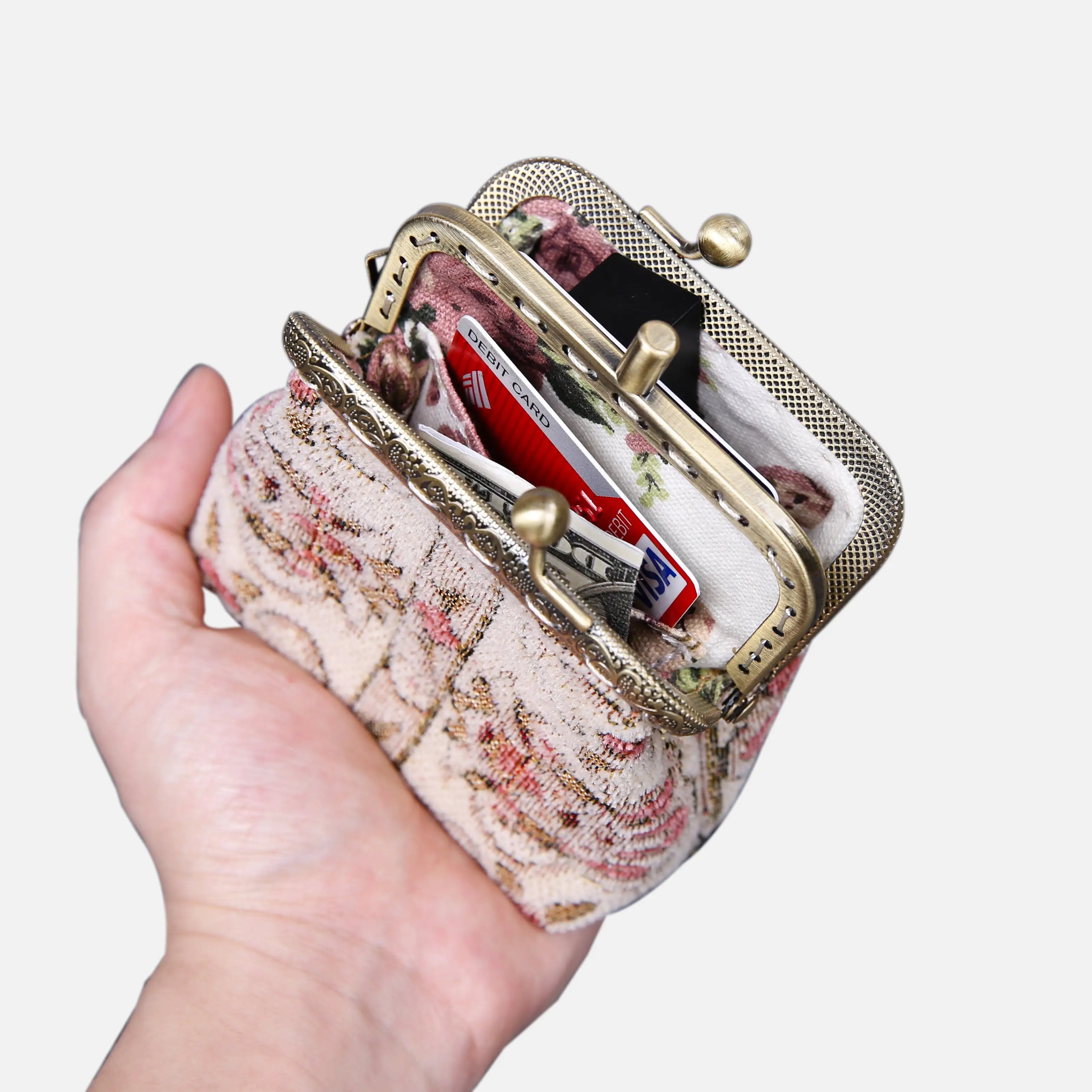 Golden Age Pink Double Kiss Clasp Coin Purse of America in use-1