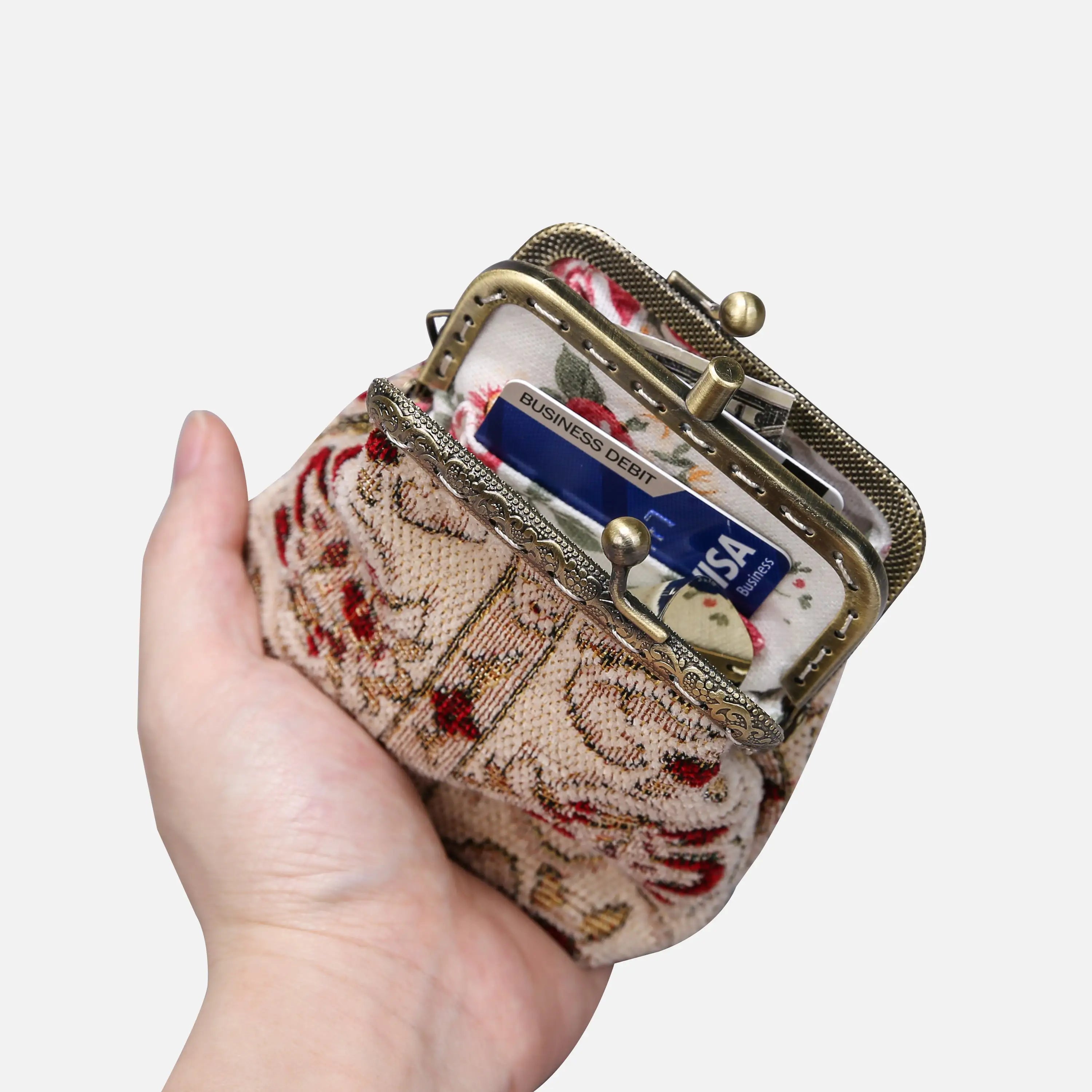 Golden Age Red Double Kiss Clasp Coin Purse of America in use-1