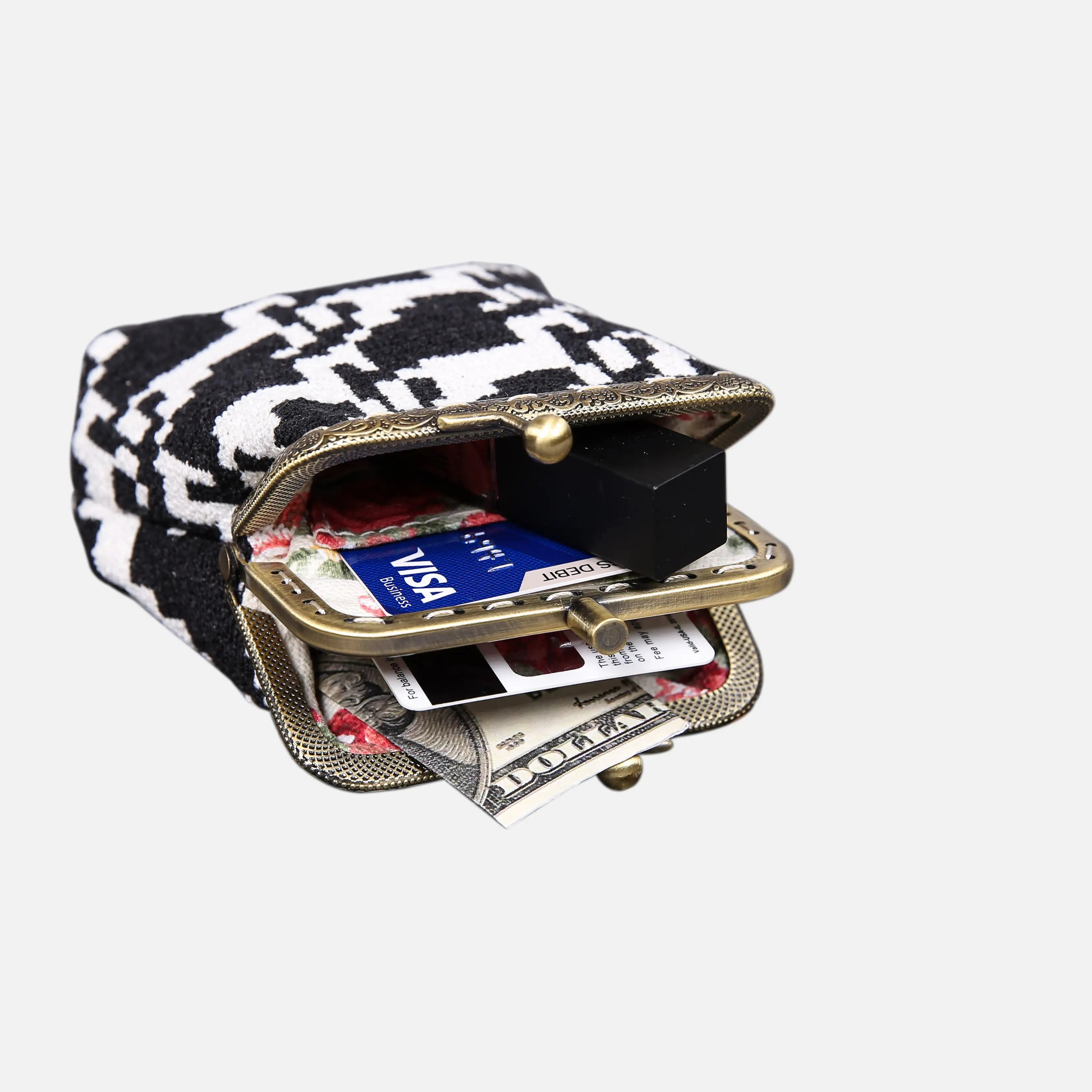 Houndstooth Black Double Kiss Clasp Coin Purse of America in use-3