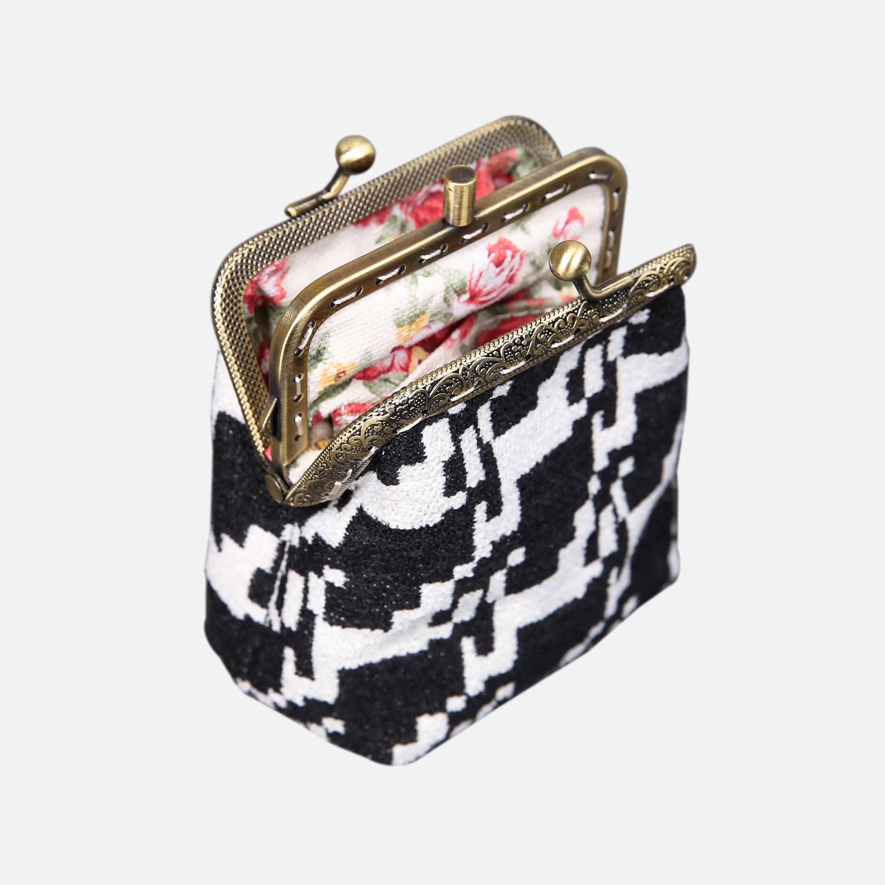 Houndstooth Black Double Kiss Clasp Coin Purse of America Front side opens-5