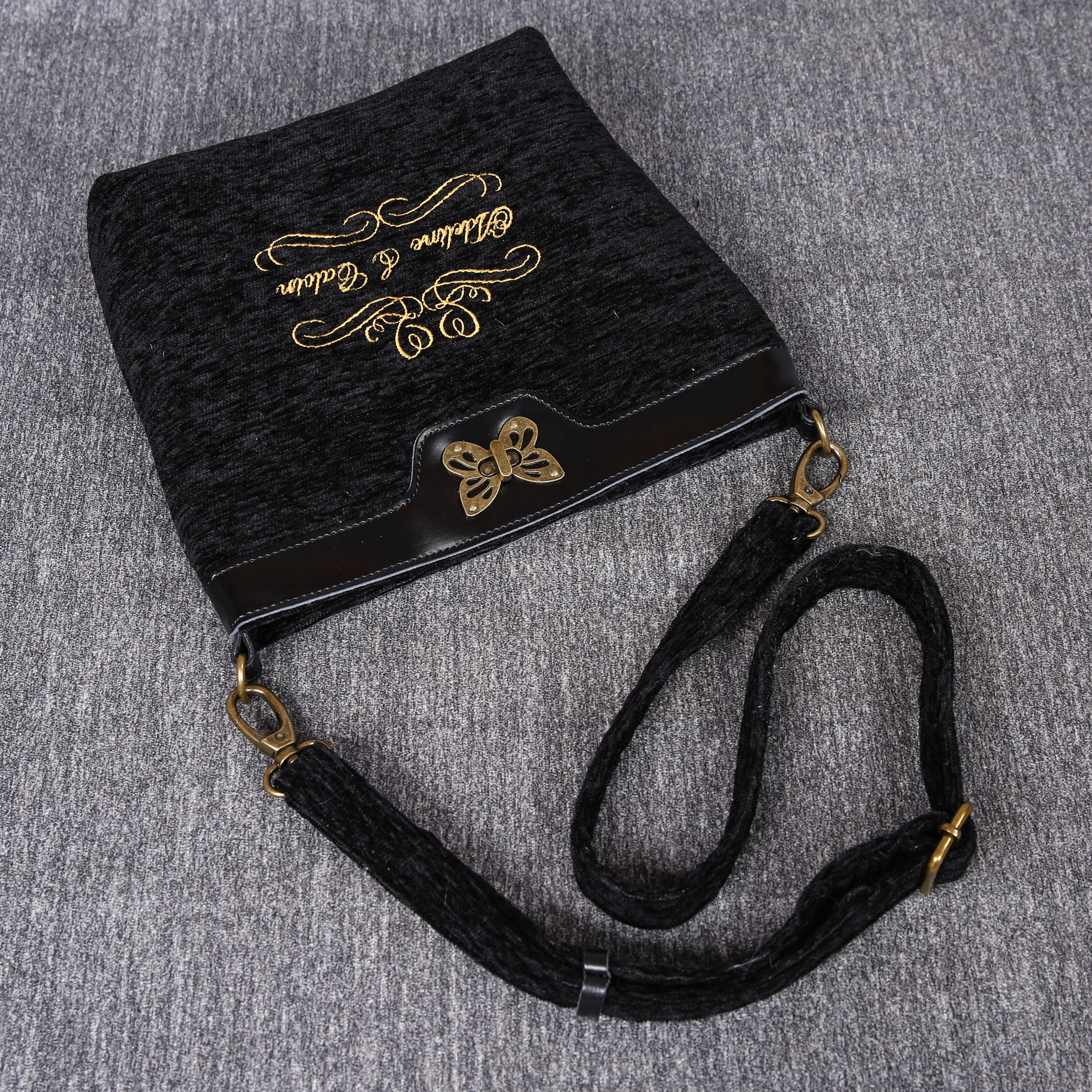 Luxury Monogrammed Black Butterfly Crossbody Bag (Two Names ) lay flat