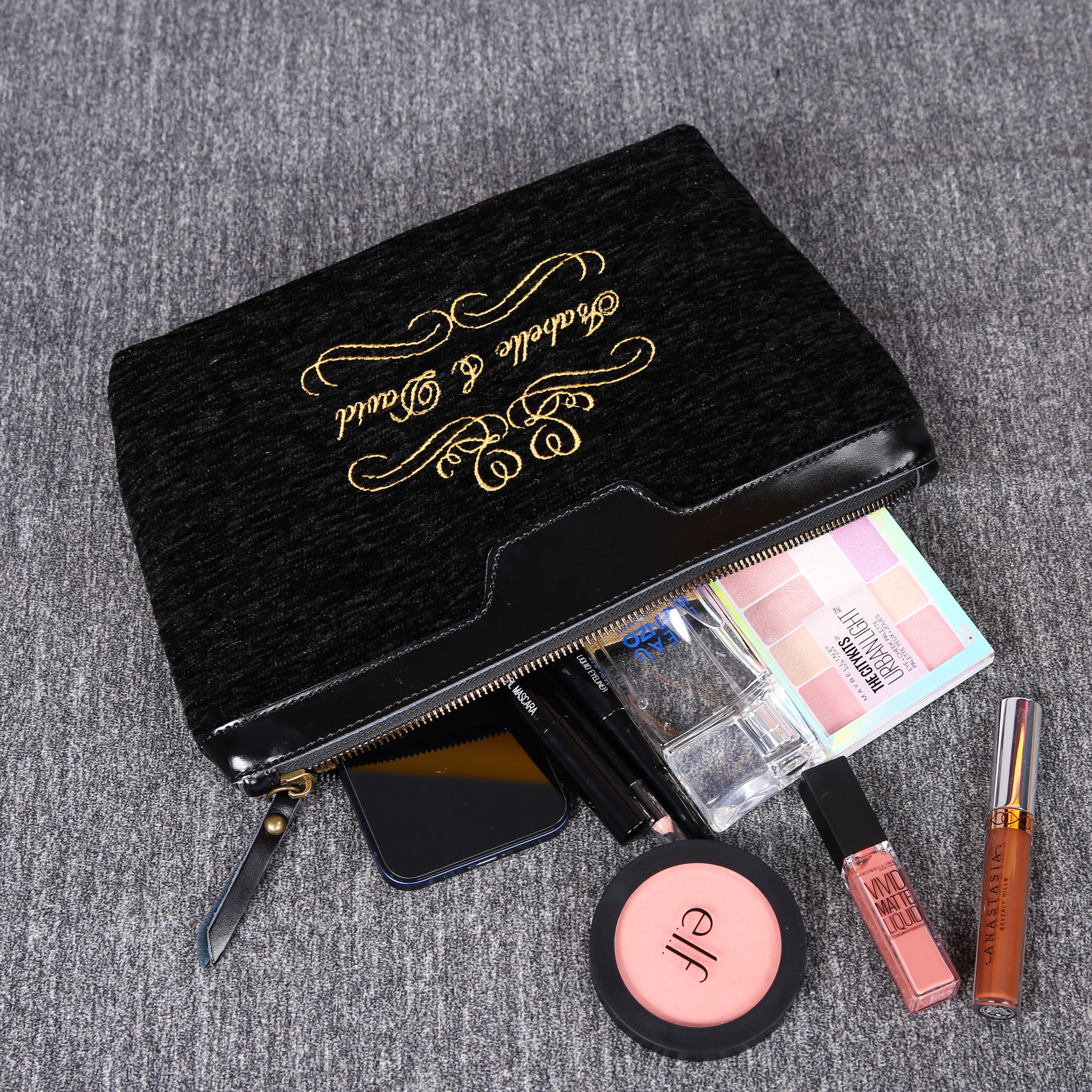 Luxury Monogrammed Black Make up Bag carpet bag MCW Handmade in use