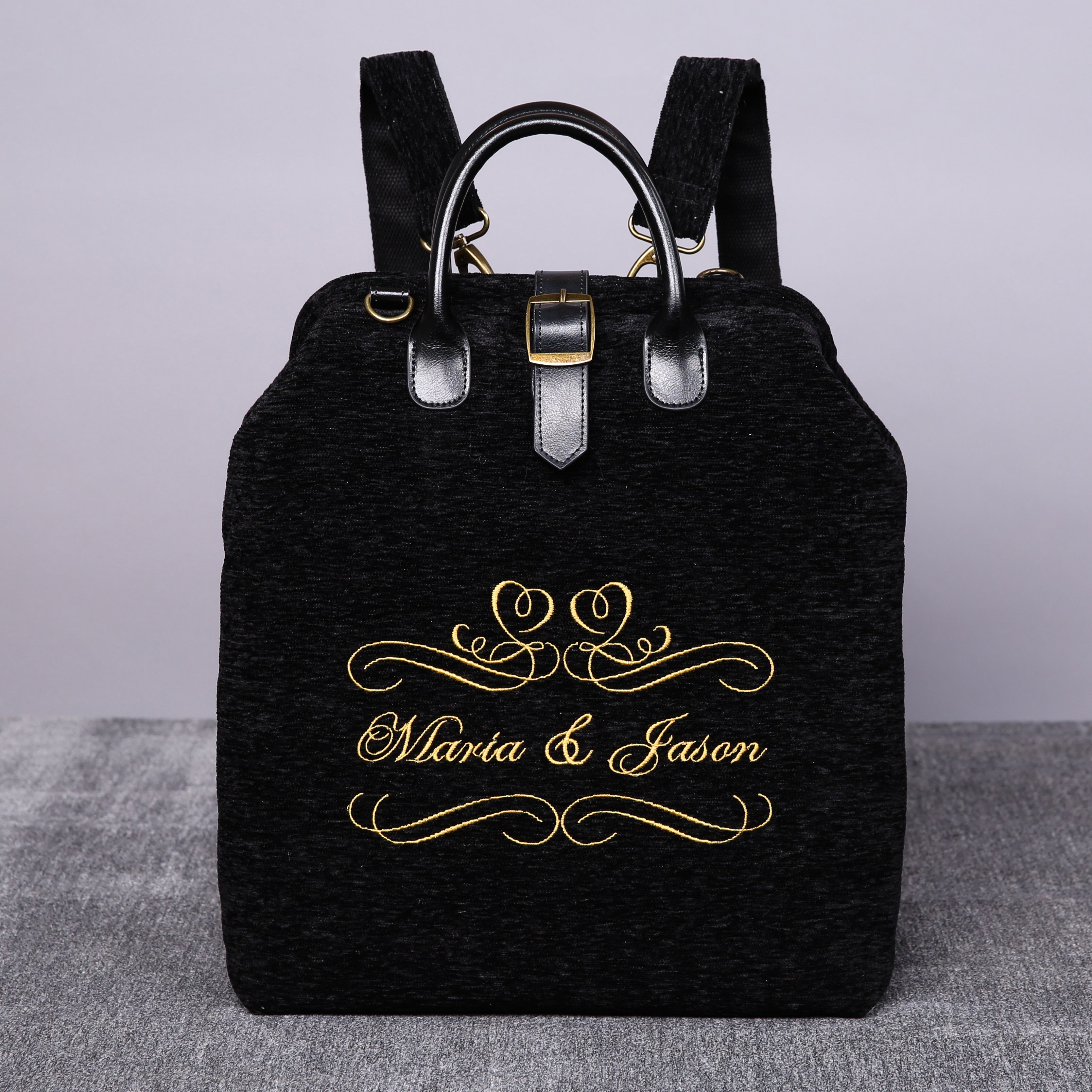 Luxury Monogrammed Black Multi-Functional Backpack carpet bag MCW Handmade front