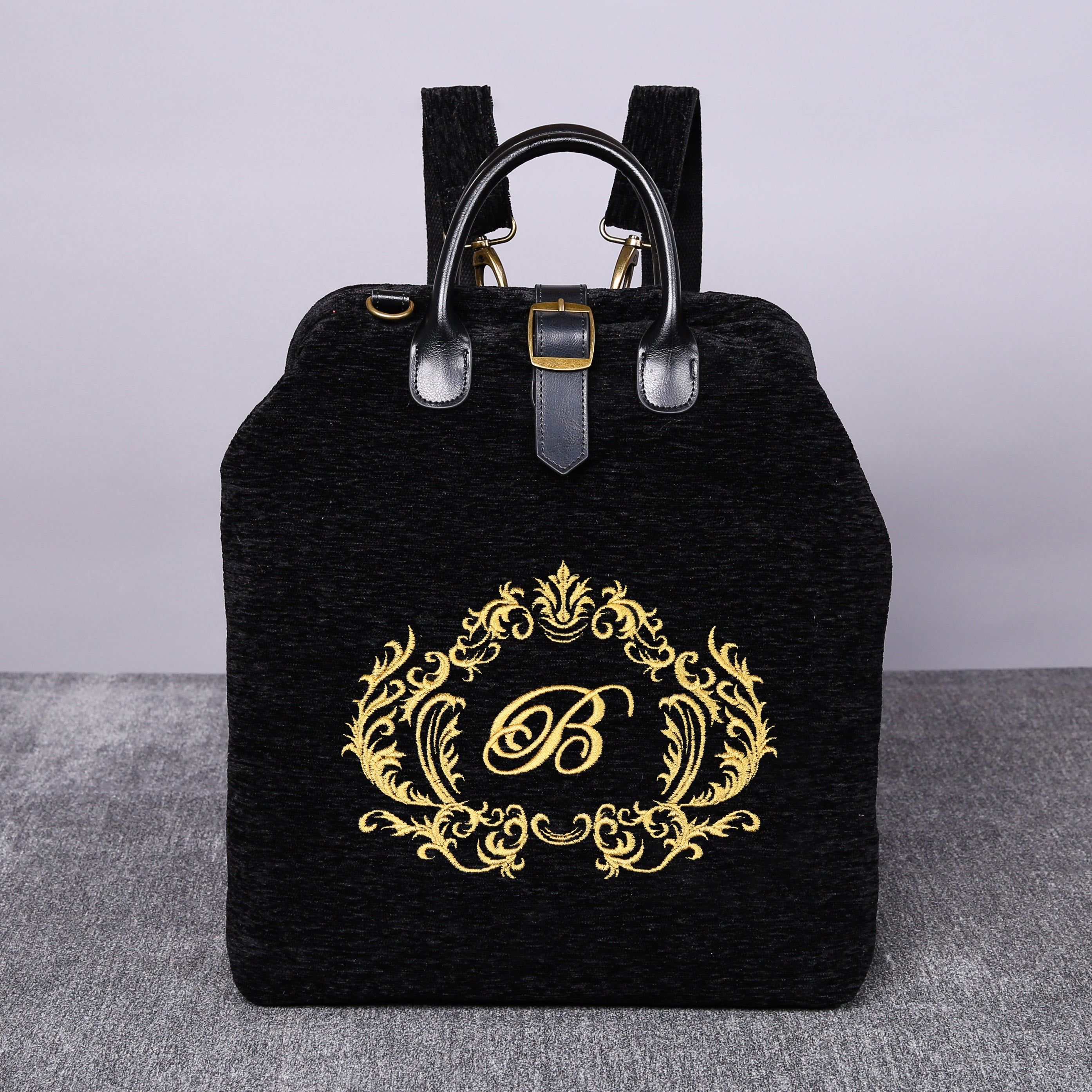 Luxury Monogrammed Black Multi-Functional Backpack carpet bag MCW Handmade Baroque with Monogram Letter 'B'