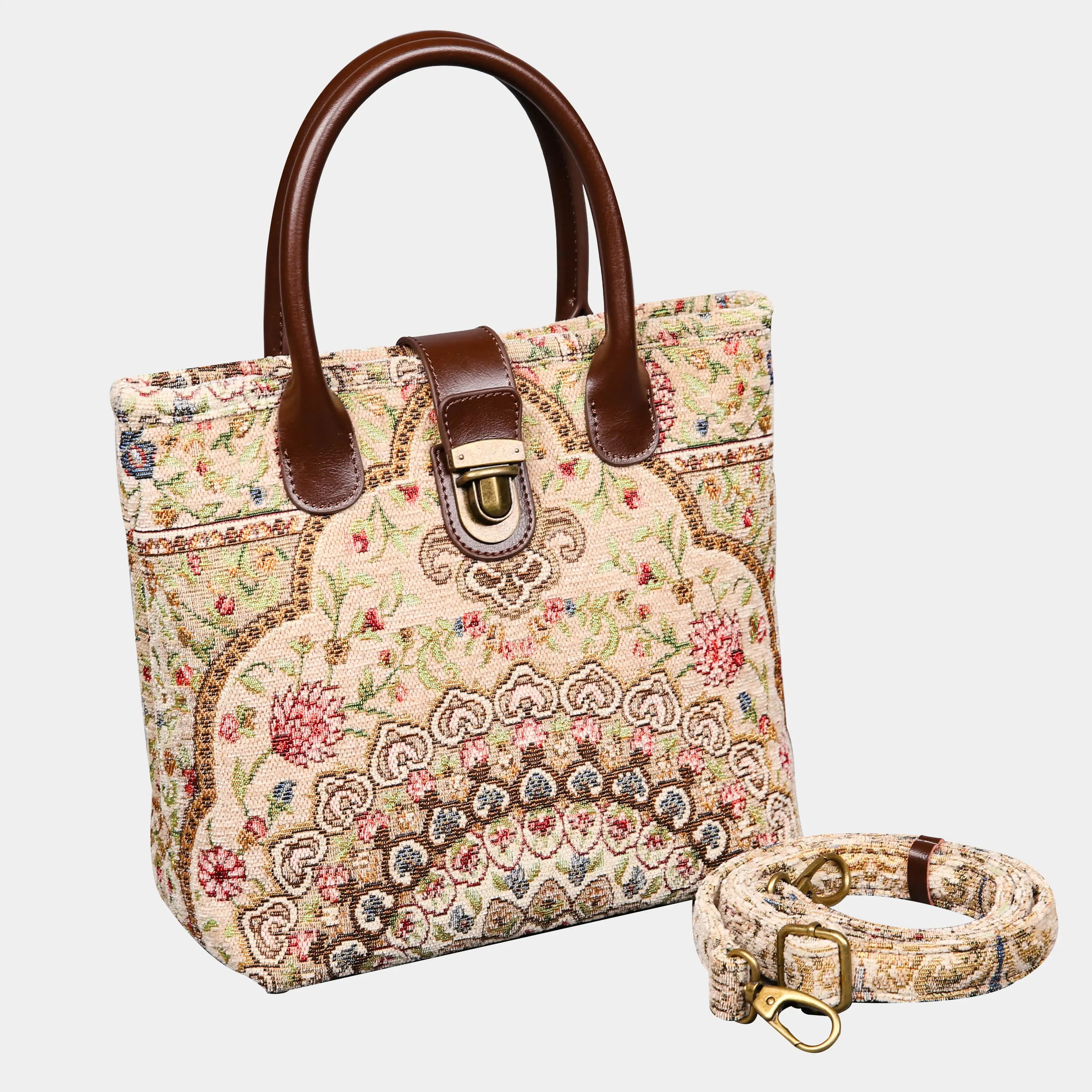 Oriental Beige Tuck Lock Carpet Satchel carpet bag MCW Handmade of America with strap