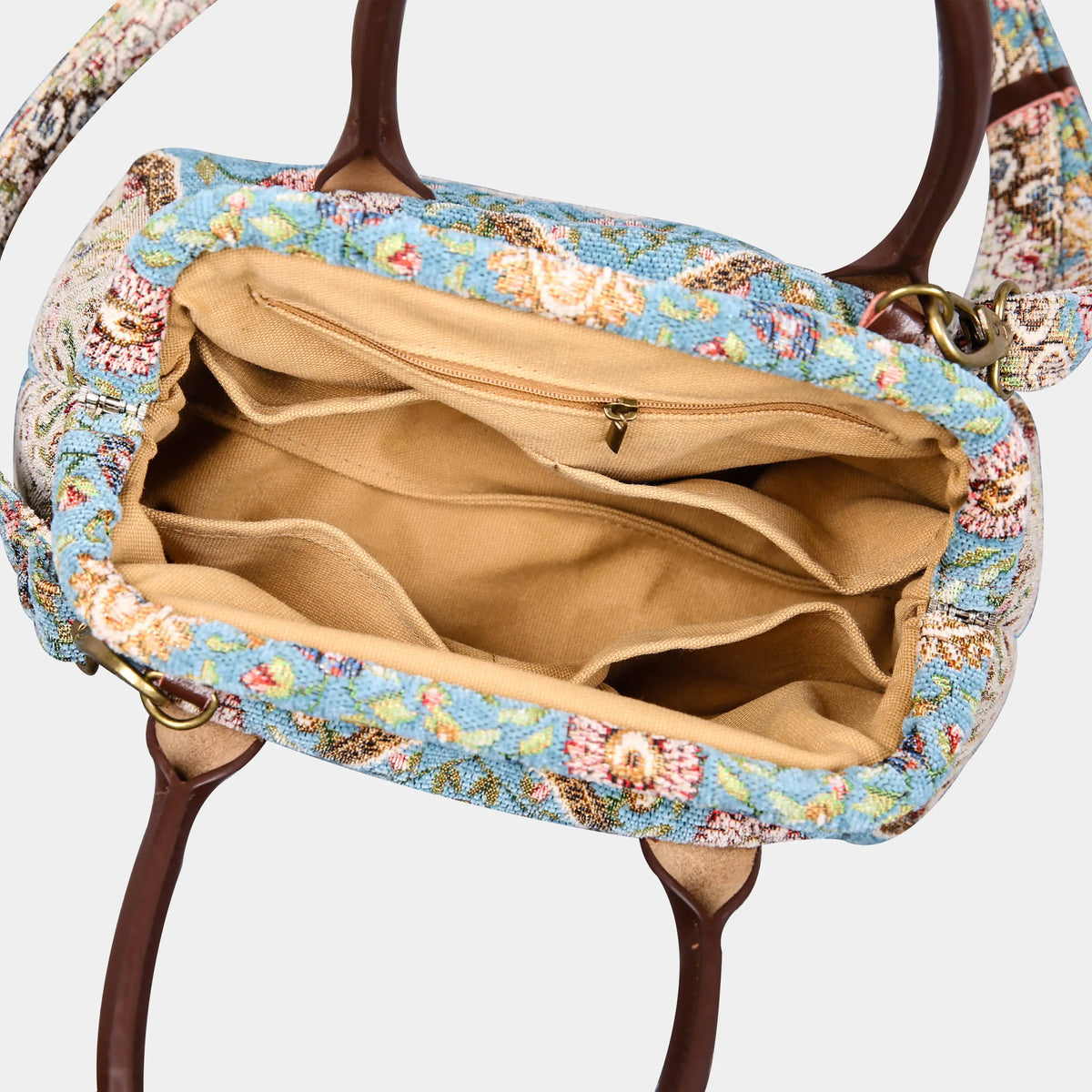 Oriental Blue Carpet Satchel Carpetbag of America open
