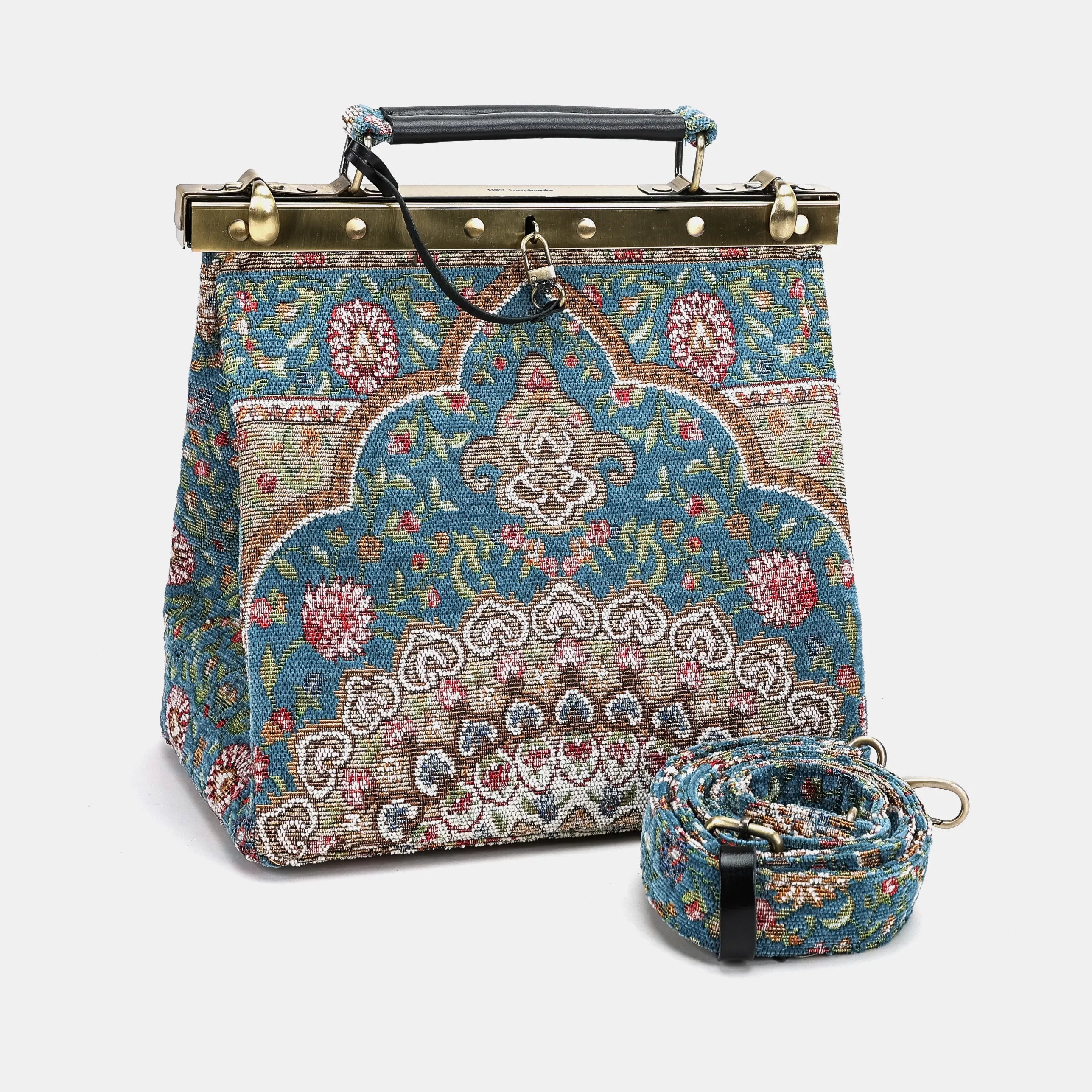 Oriental Blue Cecile Carpet Purse Gladstone Bag of America with shoulder strap