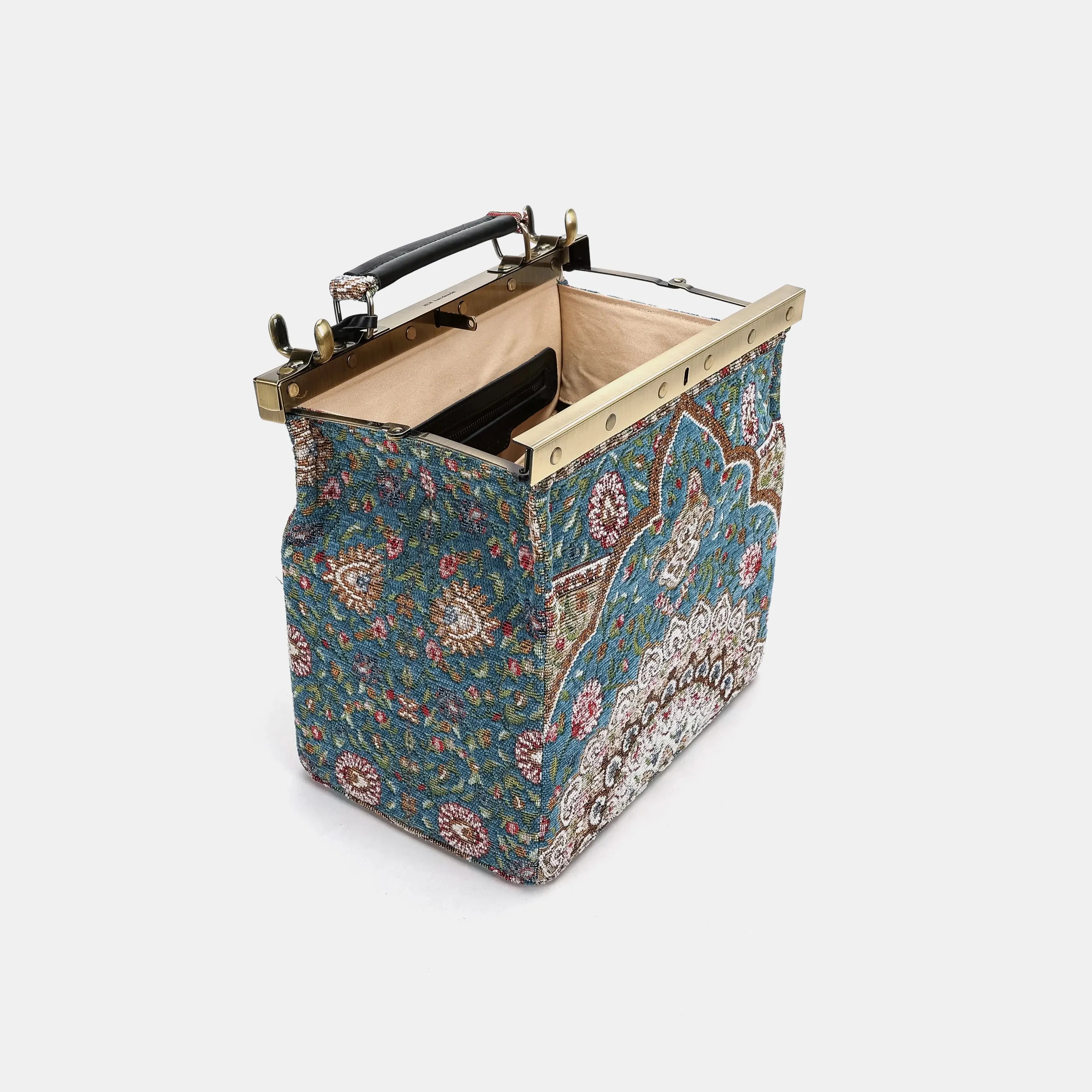 Oriental Blue Vivienne Carpet Purse Gladstone Bag of America open and stand