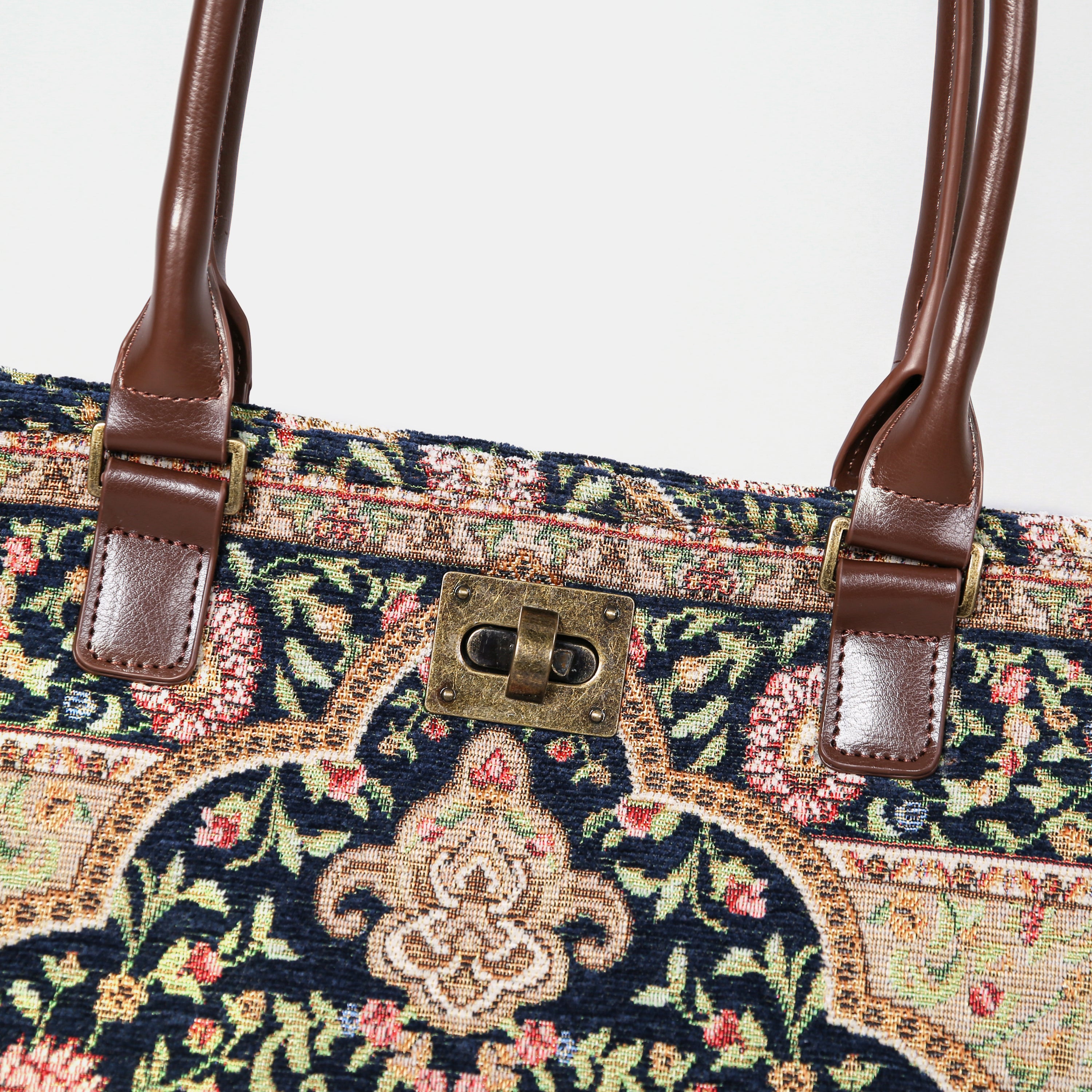 Oriental Navy Carpet Tote Shopper Carpetbag of America closure