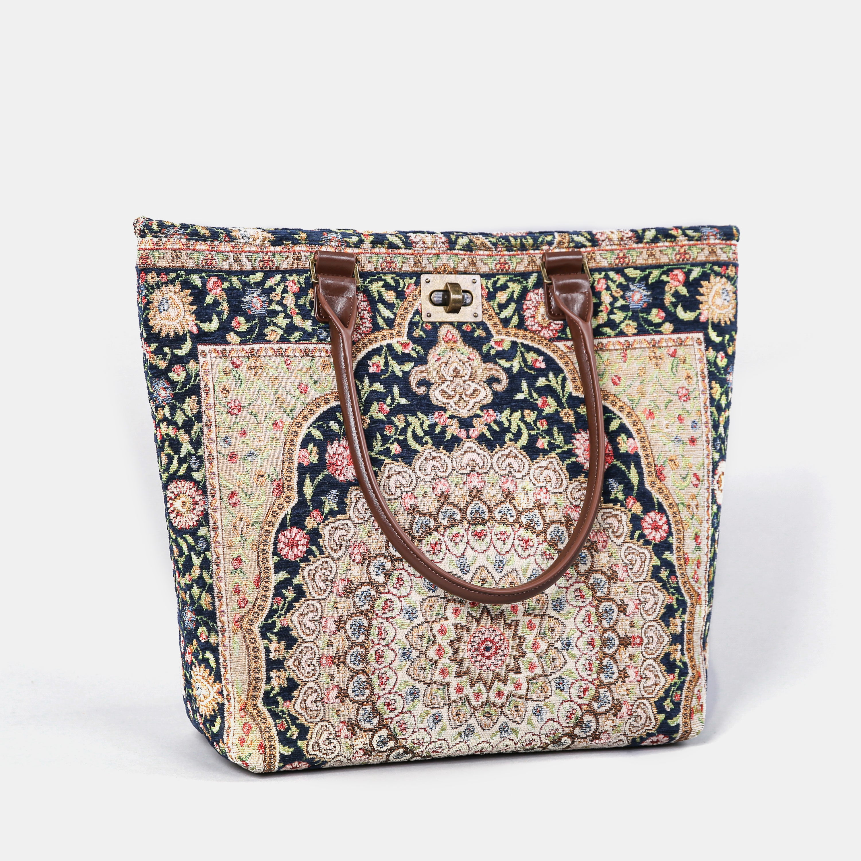Oriental Navy Carpet Tote Shopper Carpetbag of America front
