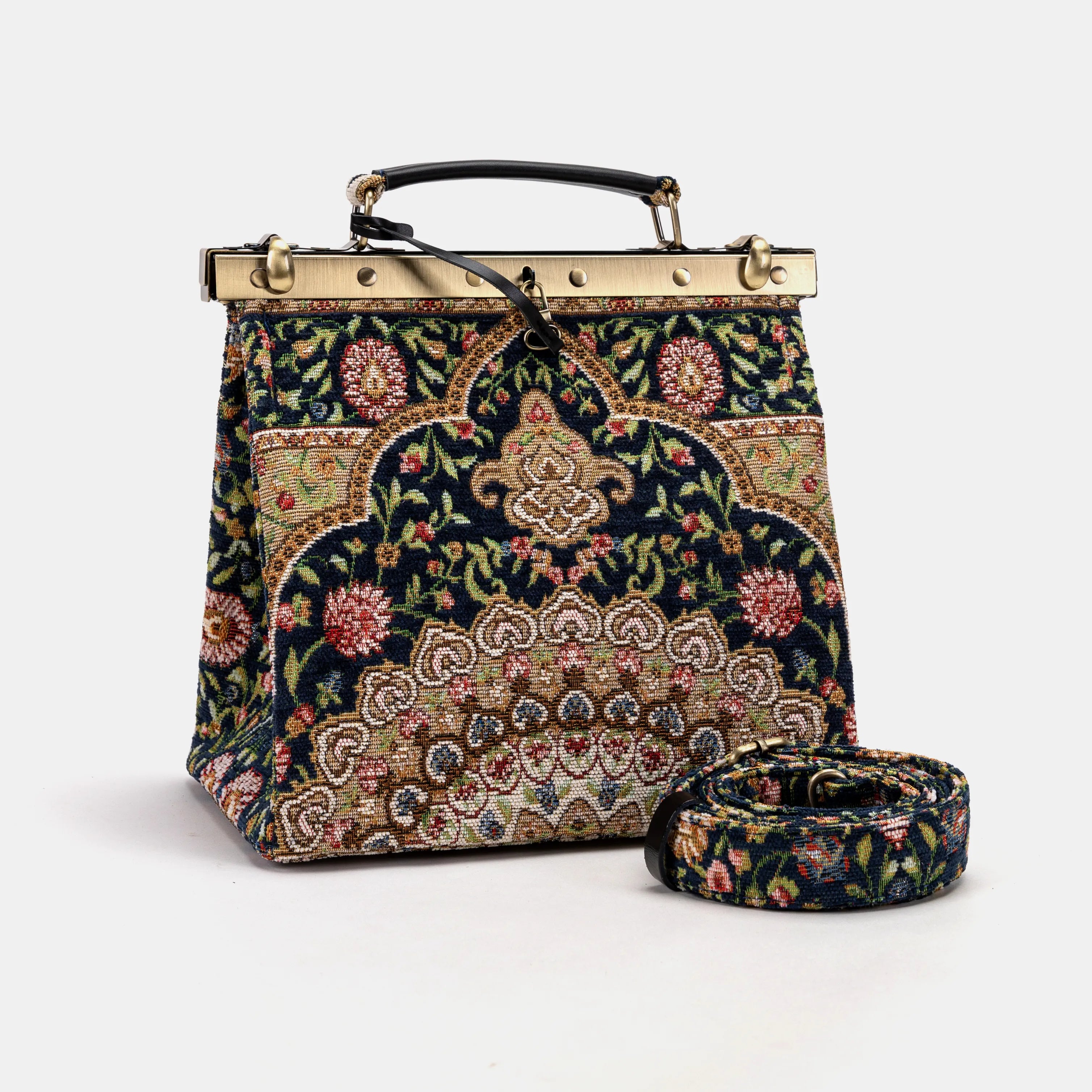 Oriental Navy Cecile Carpet Purse Gladstone Bag of America with shoulder strap
