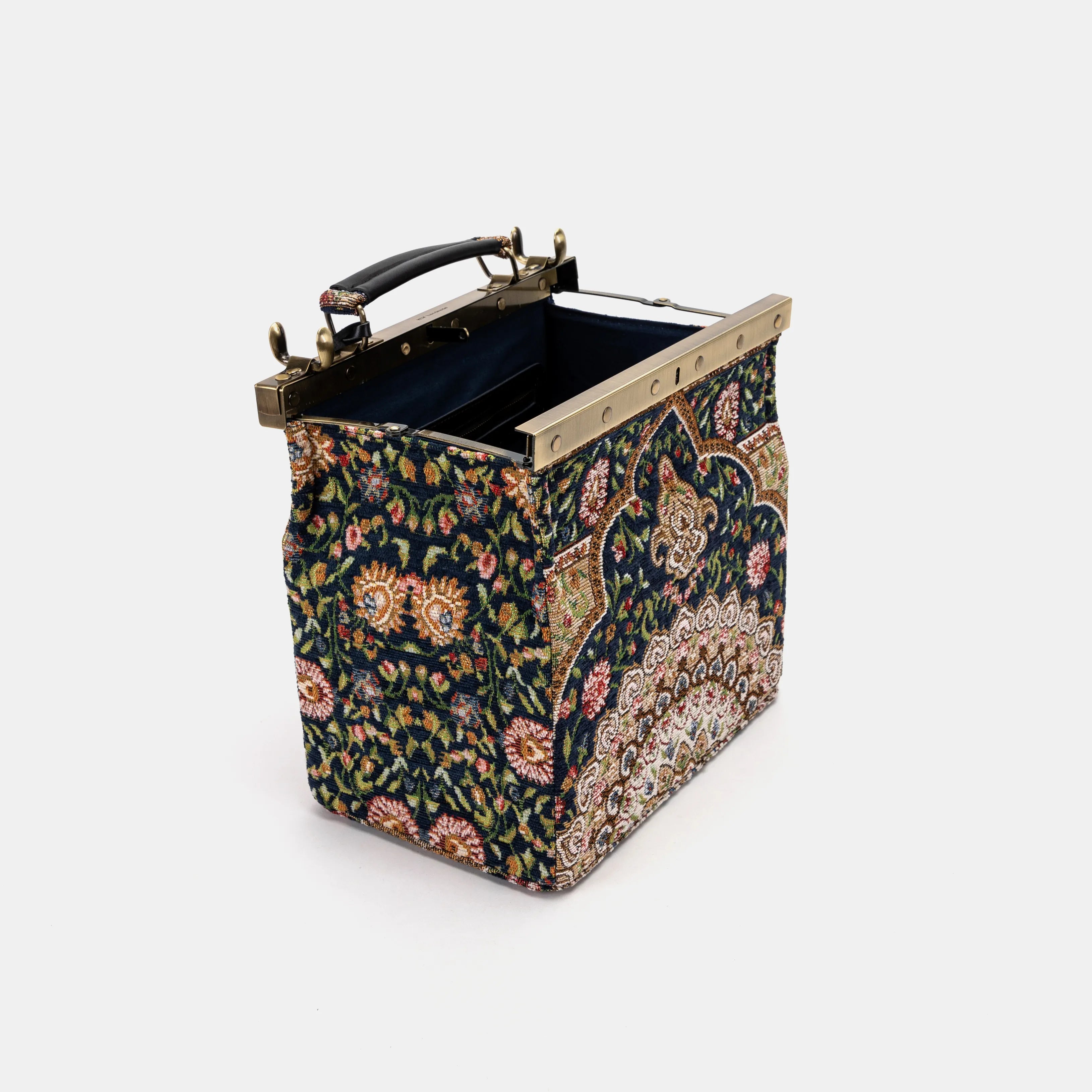 Oriental Navy Vivienne Carpet Purse Gladstone Bag of America open and stand