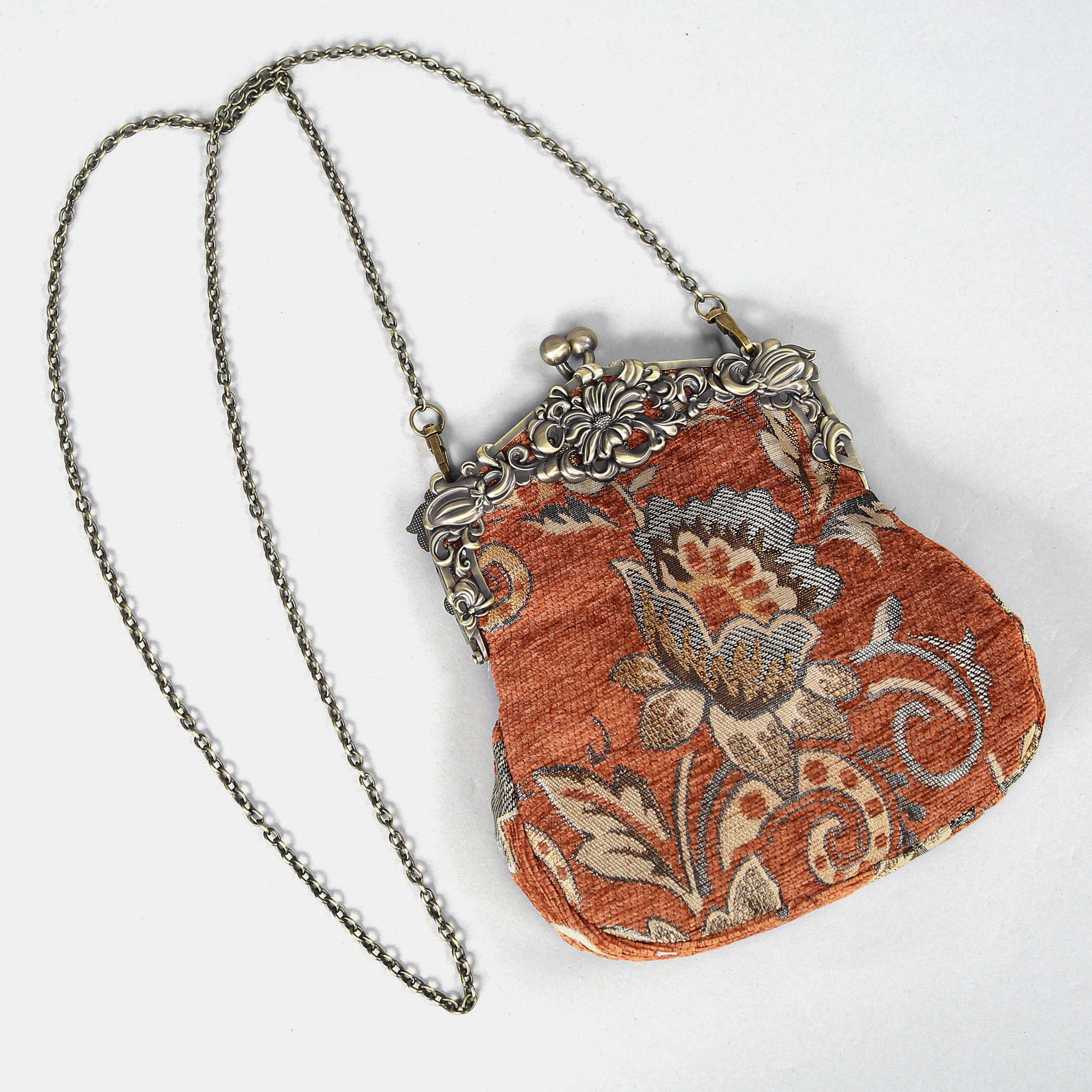 Paisley Orange Chatelaine Purse Large carpet bag of America with long chain
