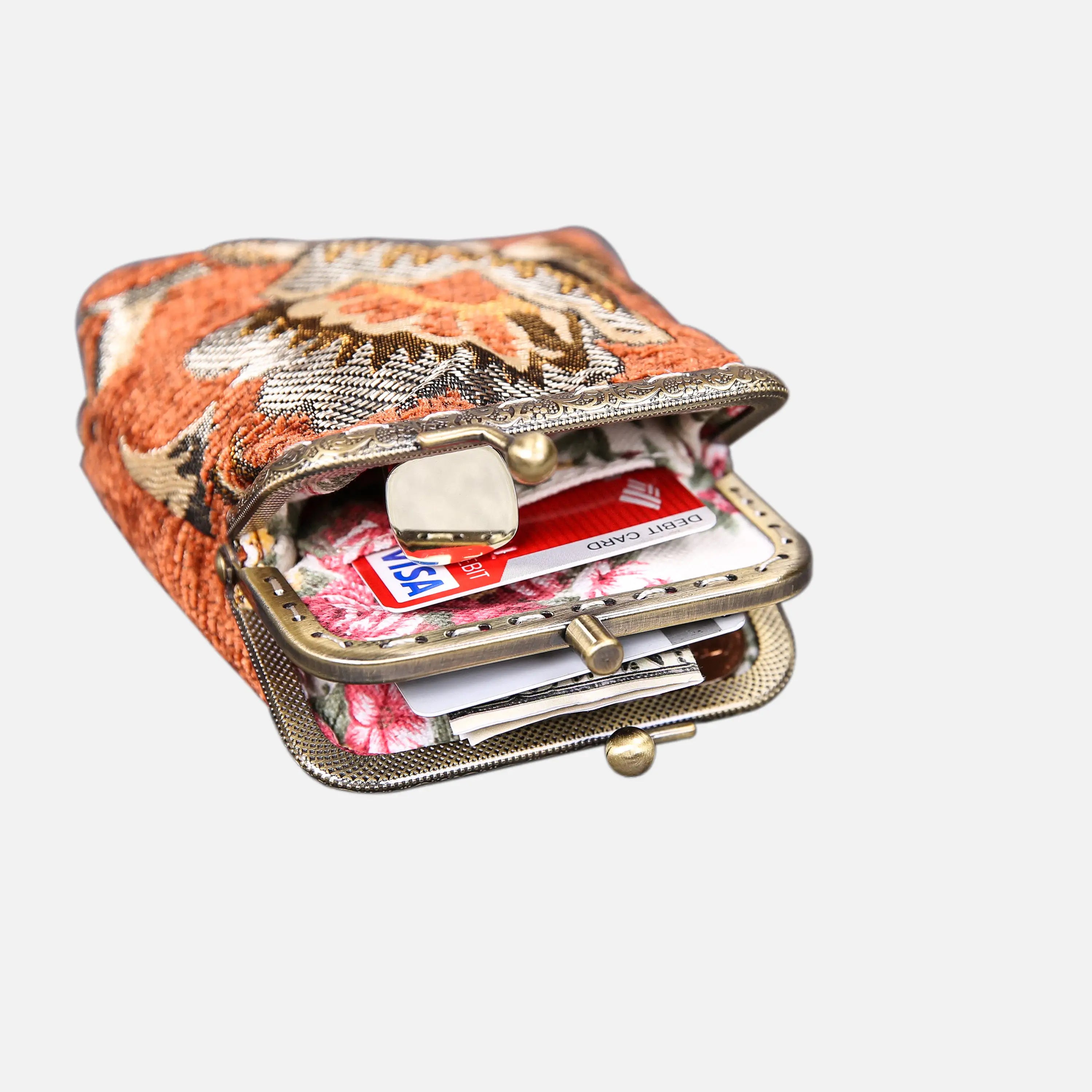Paisley Orange Double Kiss Clasp Coin Purse of America lay flat