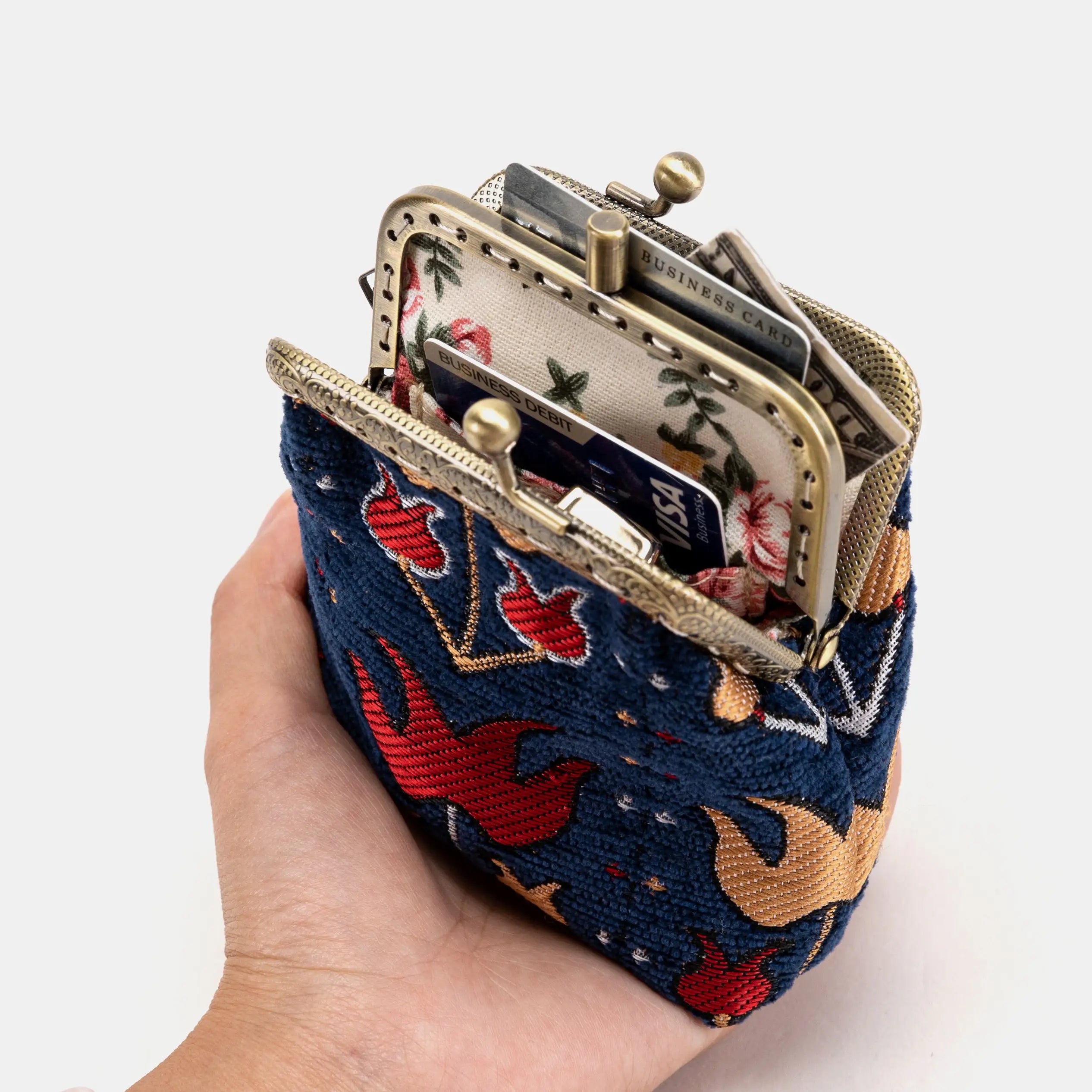 Poppy Bloom Double Kiss Clasp Coin Purse Carpetbag of America in use-3