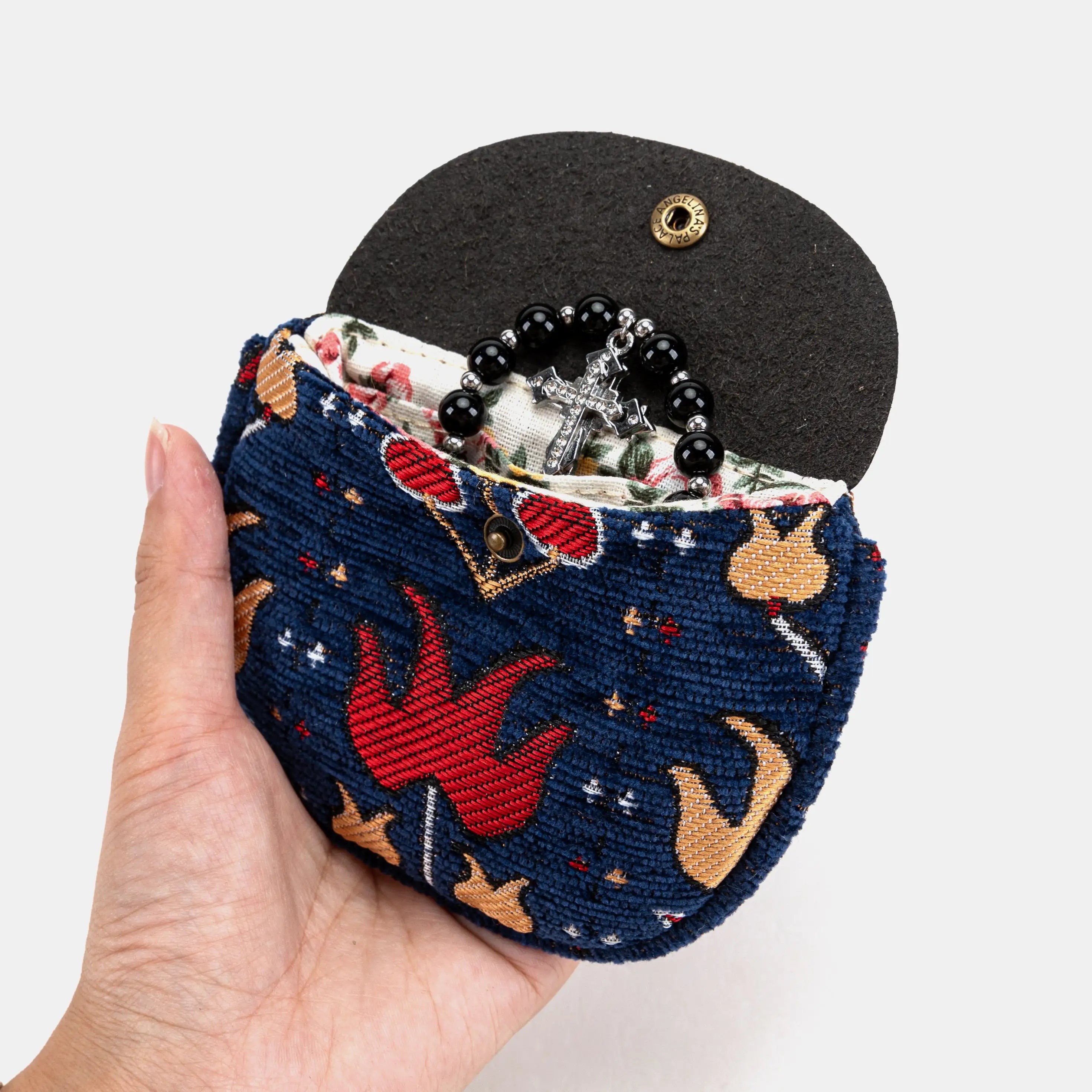 Poppy Bloom Rosary Bag Carpetbag of America holding opening