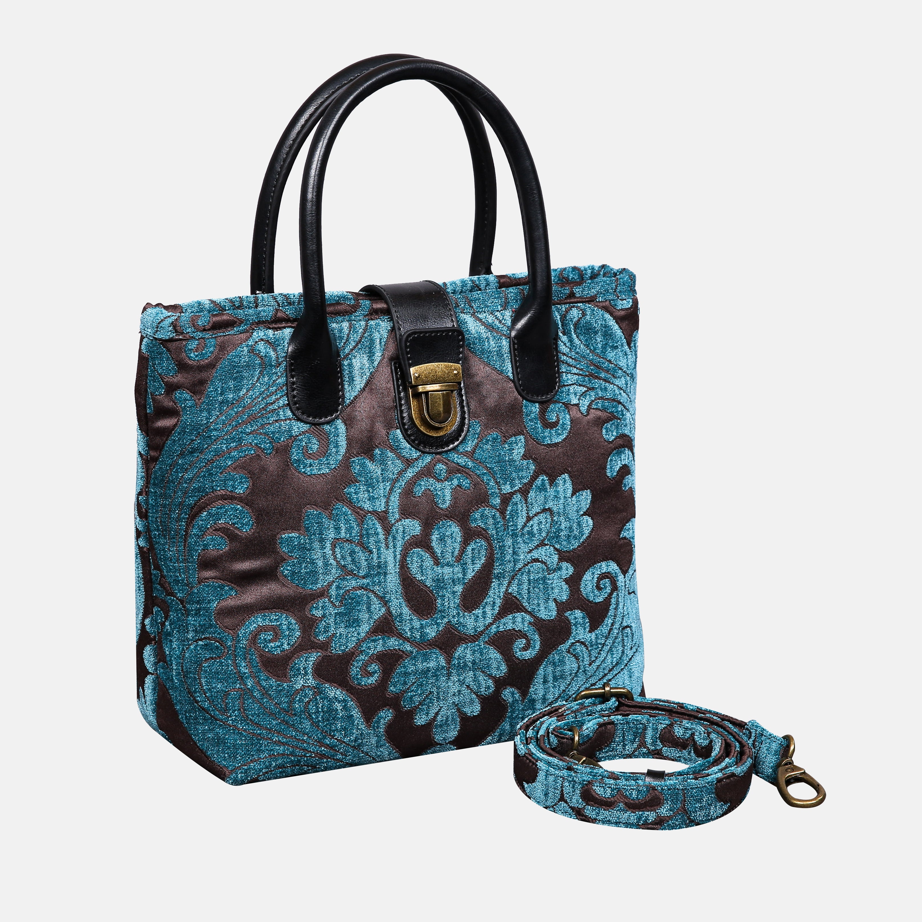 Queen Azure Blue Tuck Lock Carpet Satchel carpet bag MCW Handmade of America with strap